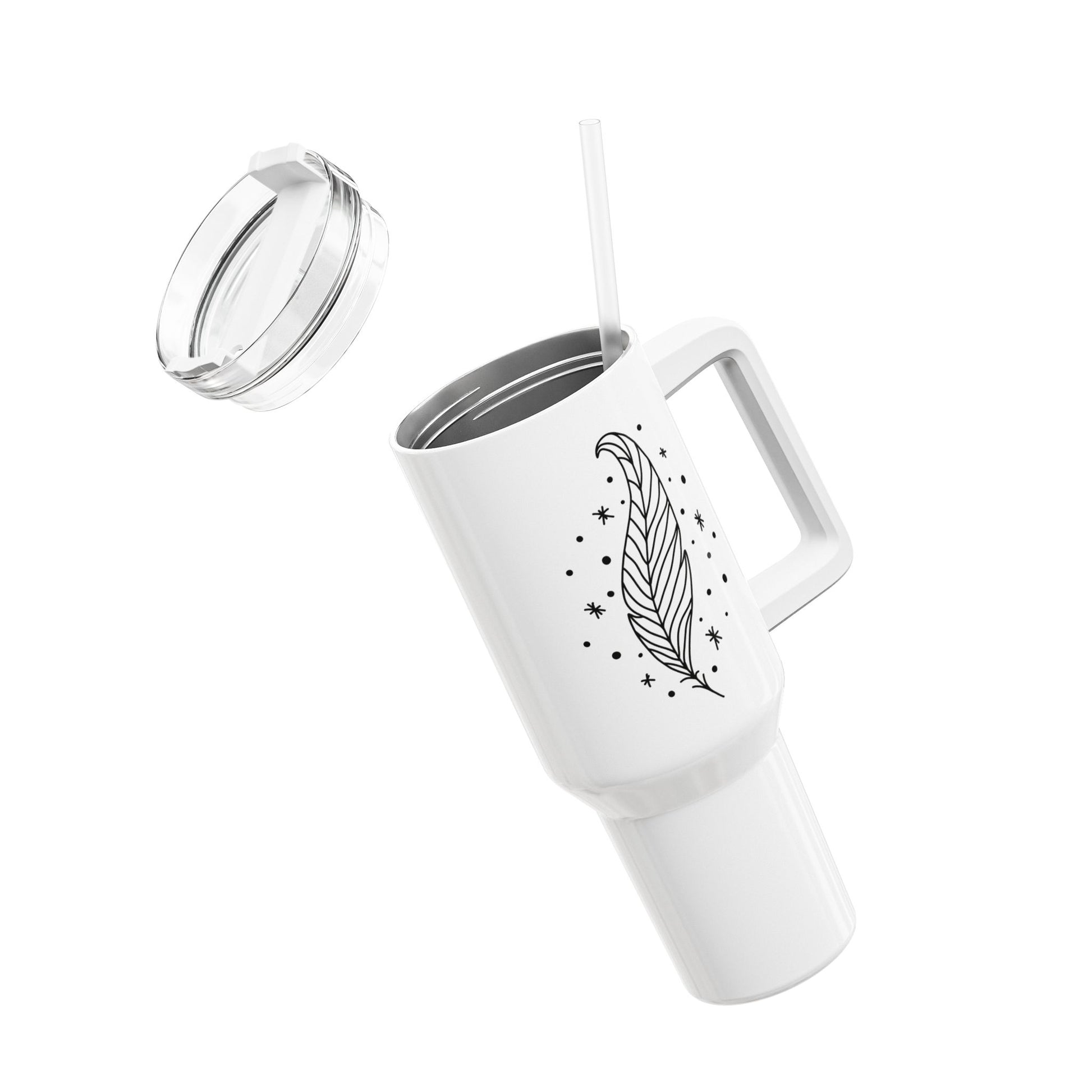 FEDER STERNE ZEICHNUNG • Tumbler mit Henkel & Strohhalm • XXL Reisebecher 1,2L - YOGA SANTA