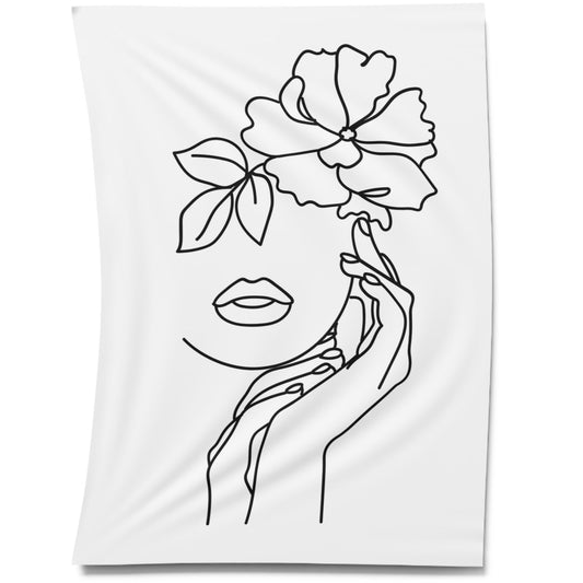 SCHÖNE FRAU mit BLUMEN - Ästhetisch • Wandtuch • Wandttepich Schwarz Weiß • Wanddekor in v. Größen bis XXL
