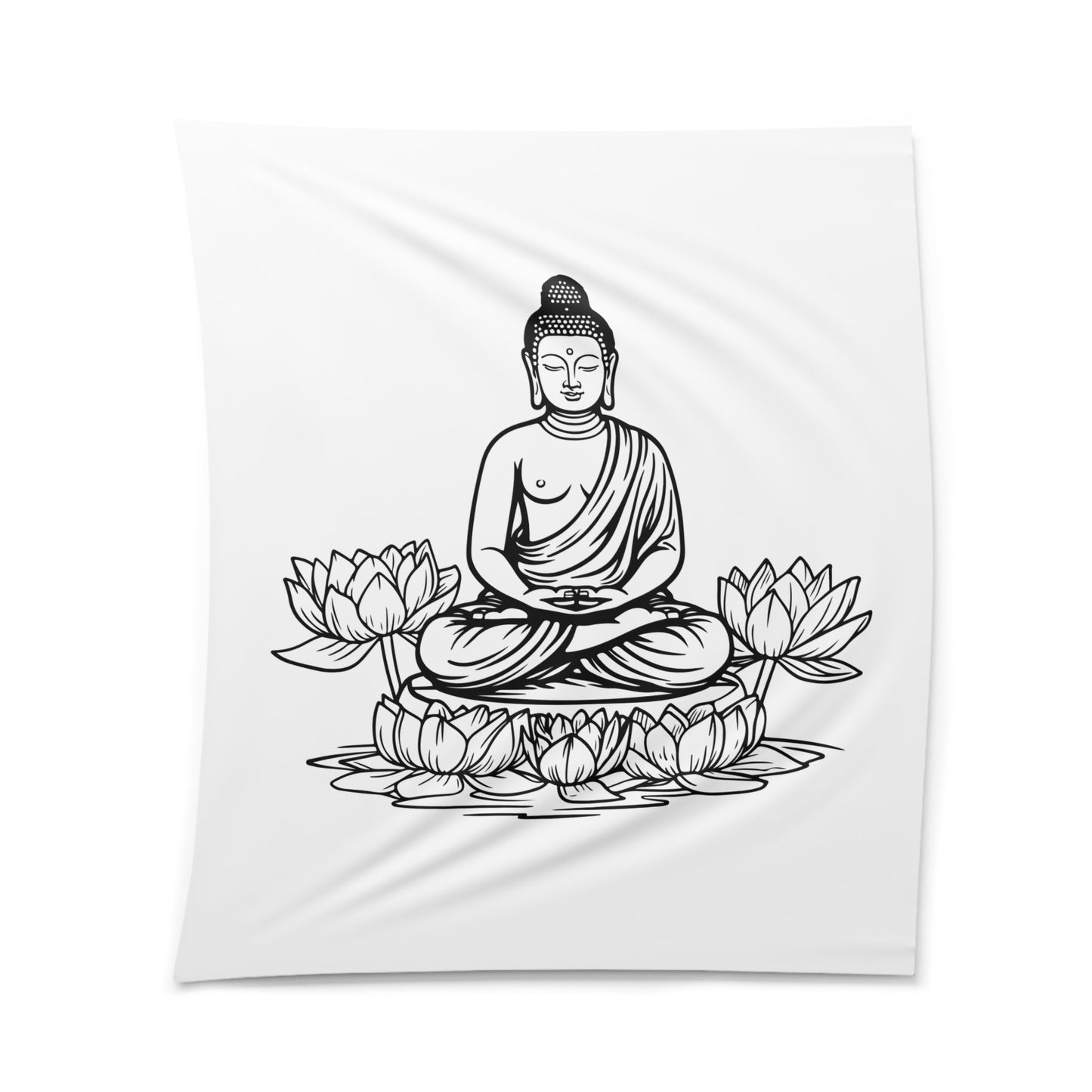 BUDDHA FIGUR zwischen LOTUSBLÜTEN • Wandtuch • Wandttepich Schwarz Weiß • Wanddekor in v. Größen bis XXL
