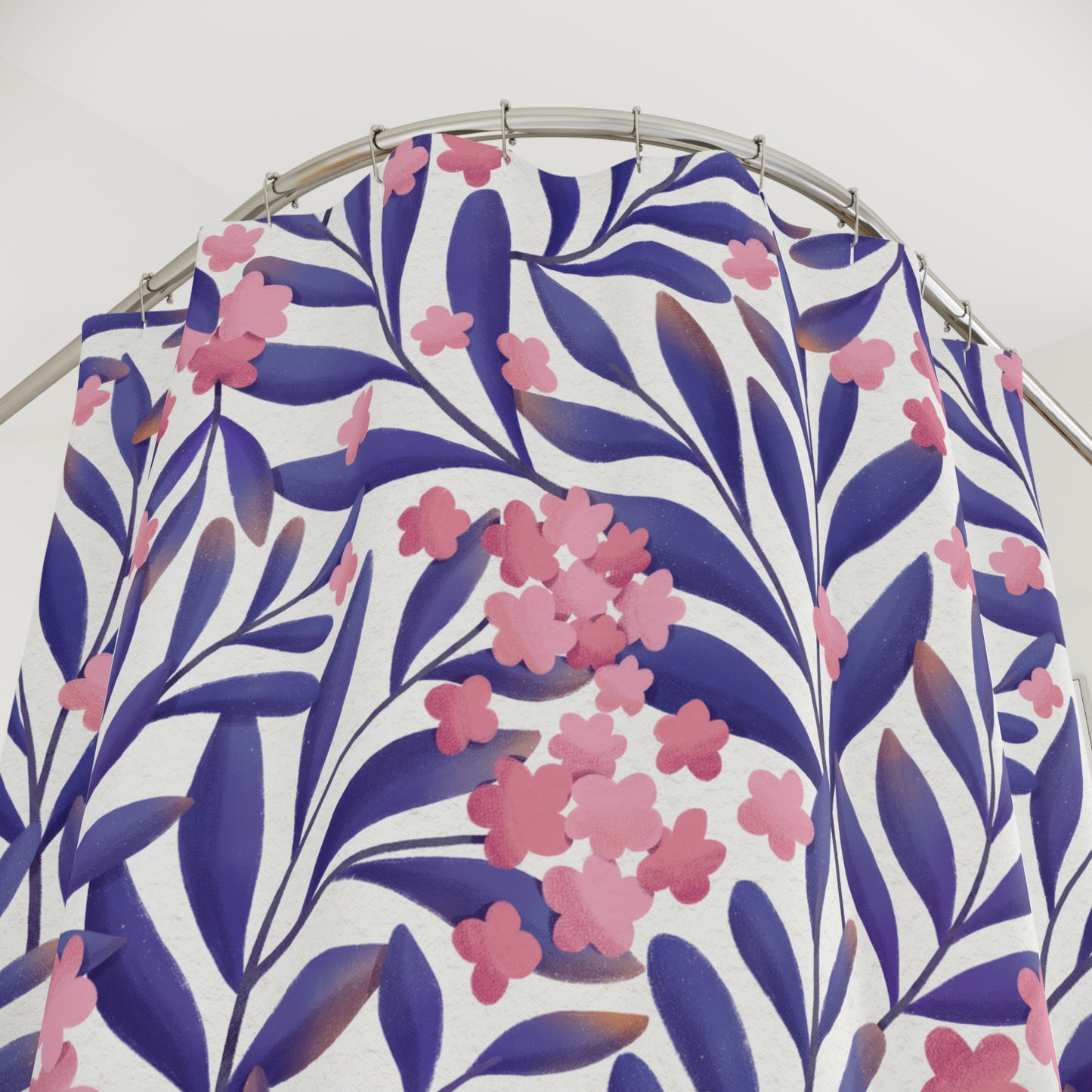 BLUMENMUSTER ROSA BLÜTEN LILA FARN • Duschvorhang 180x200 cm Weiss