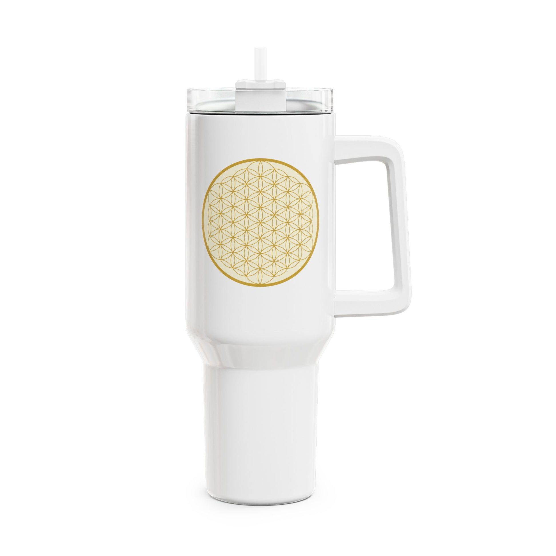 BLUME DES LEBENS GOLDGELB • Tumbler mit Henkel & Strohhalm • XXL Reisebecher 1,2L - YOGA SANTA