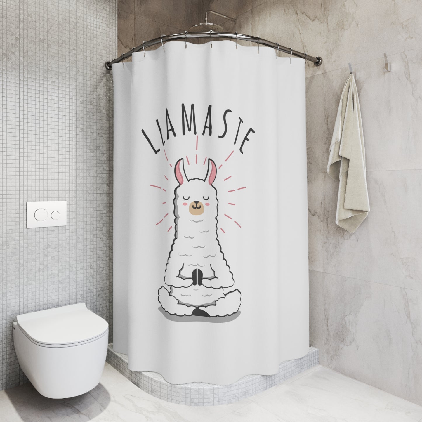LLAMASTE LUSTIGES LAMA YOGA MEDITATION POSE • Duschvorhang 180x200 cm Weiss