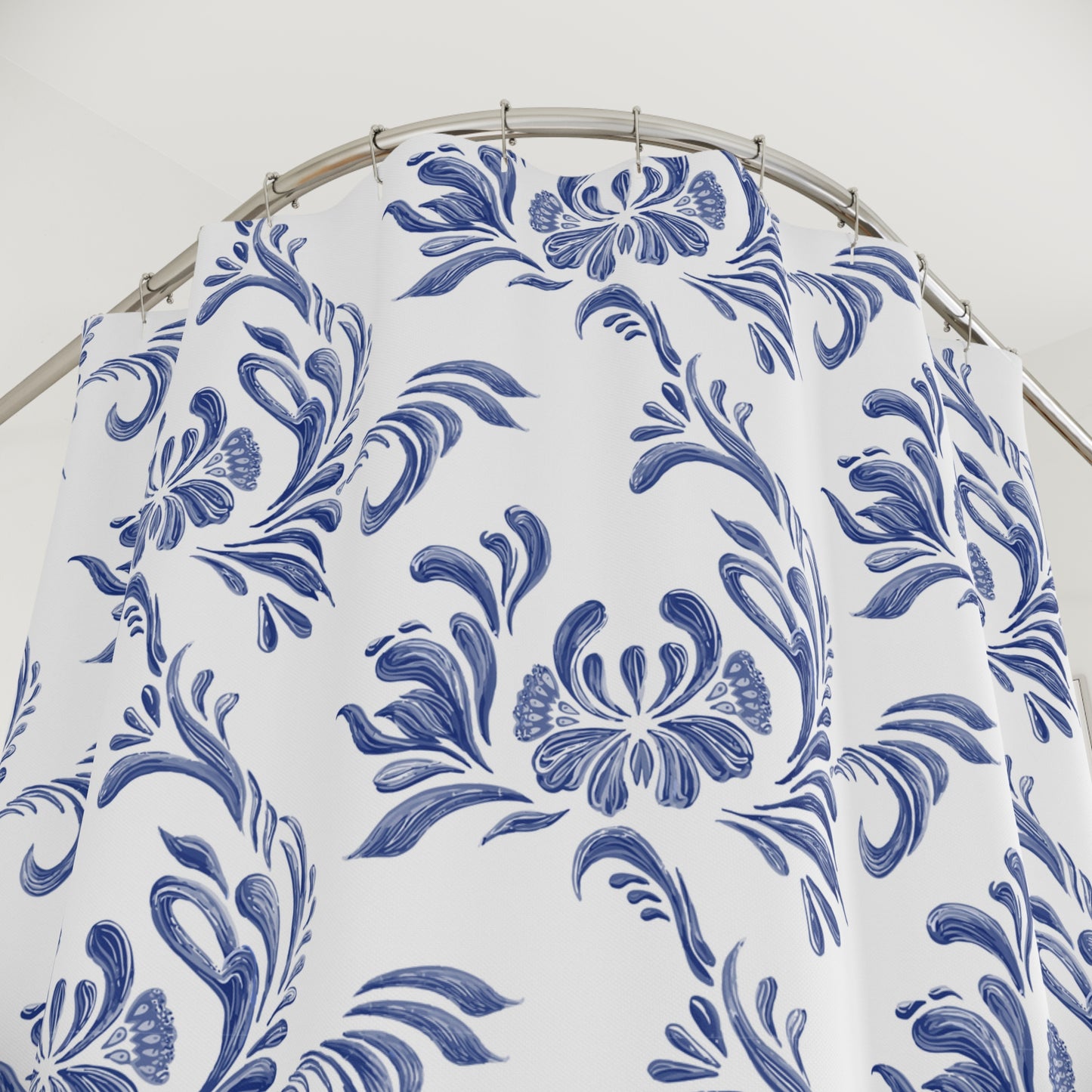 FLORALES BLUES BLUMENMUSTER • Hochwertiger, Schöner Duschvorhang 180x200 cm Weiss