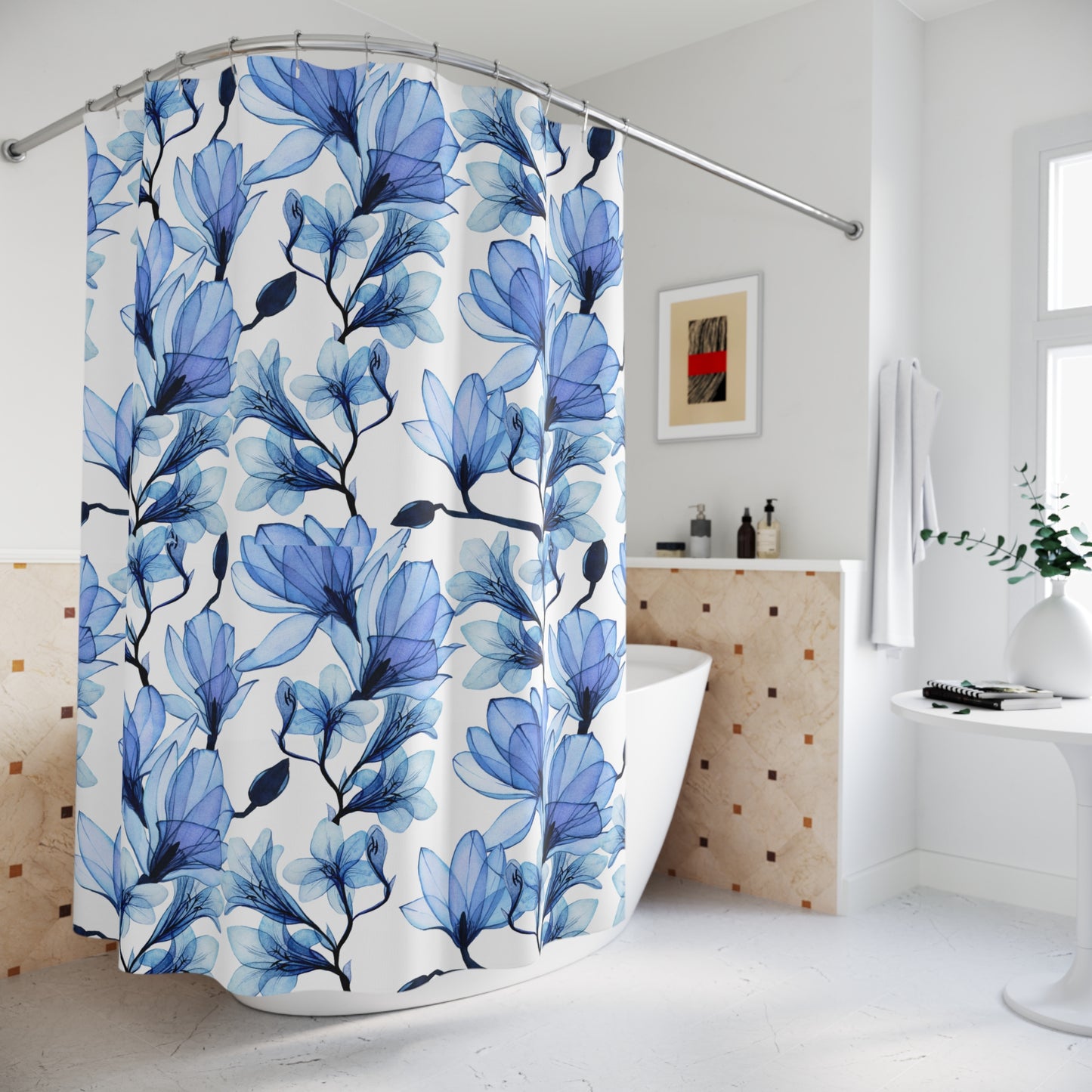 BLUMENMUSTER BLAU • Hochwertiger, Schöner Duschvorhang 180x200 cm Weiss