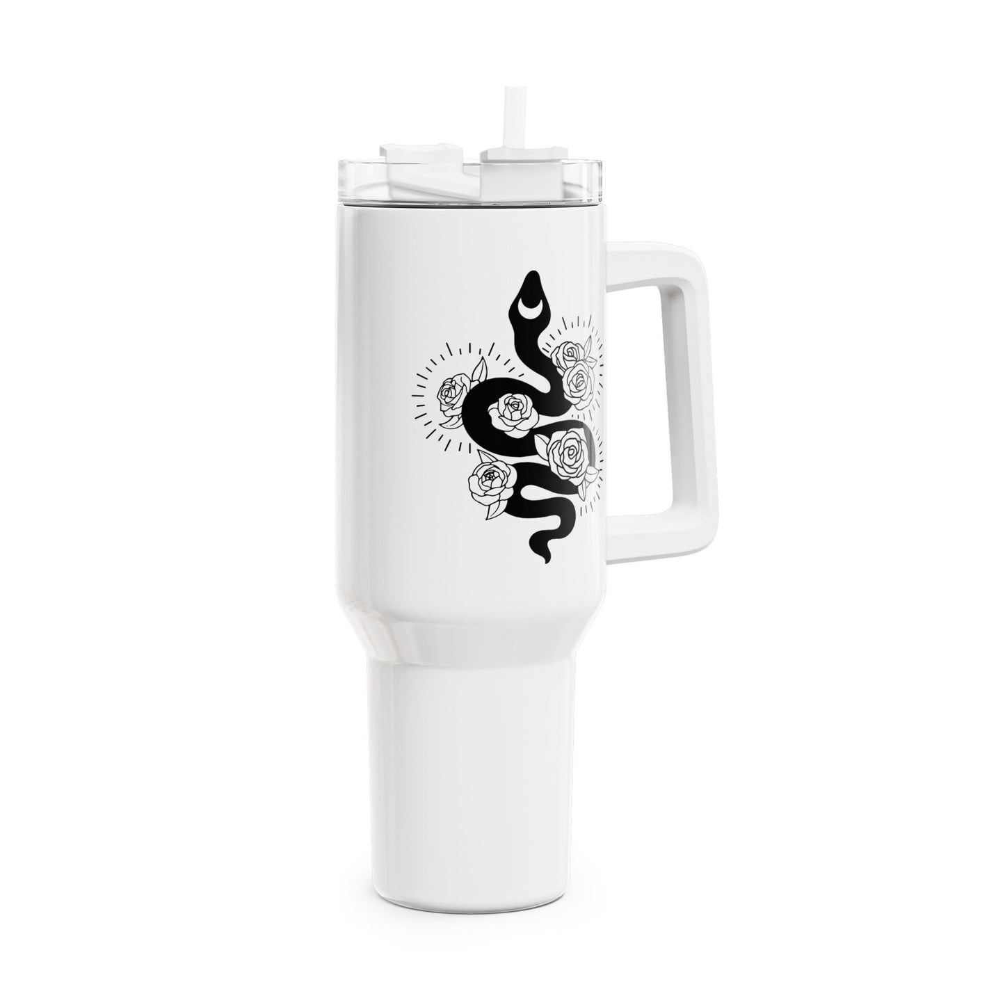 SCHLANGE ROSEN MOND • Spirituelles Motiv Tumbler mit Henkel & Strohhalm • XXL Reisebecher 1,2L - YOGA SANTA