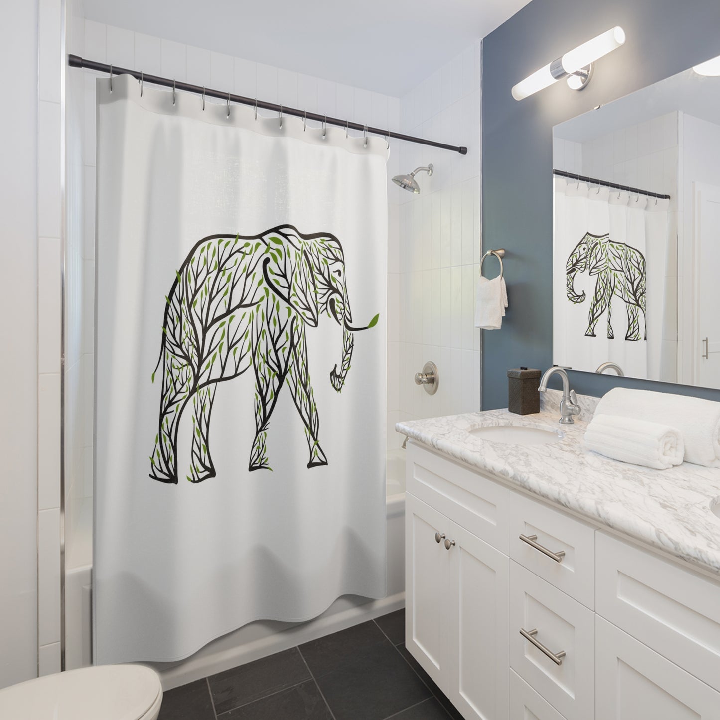 ELEFANT GRÜNE BLÄTTER BÄUME  • Hochwertiger, Schöner Duschvorhang 180x200 cm Weiss