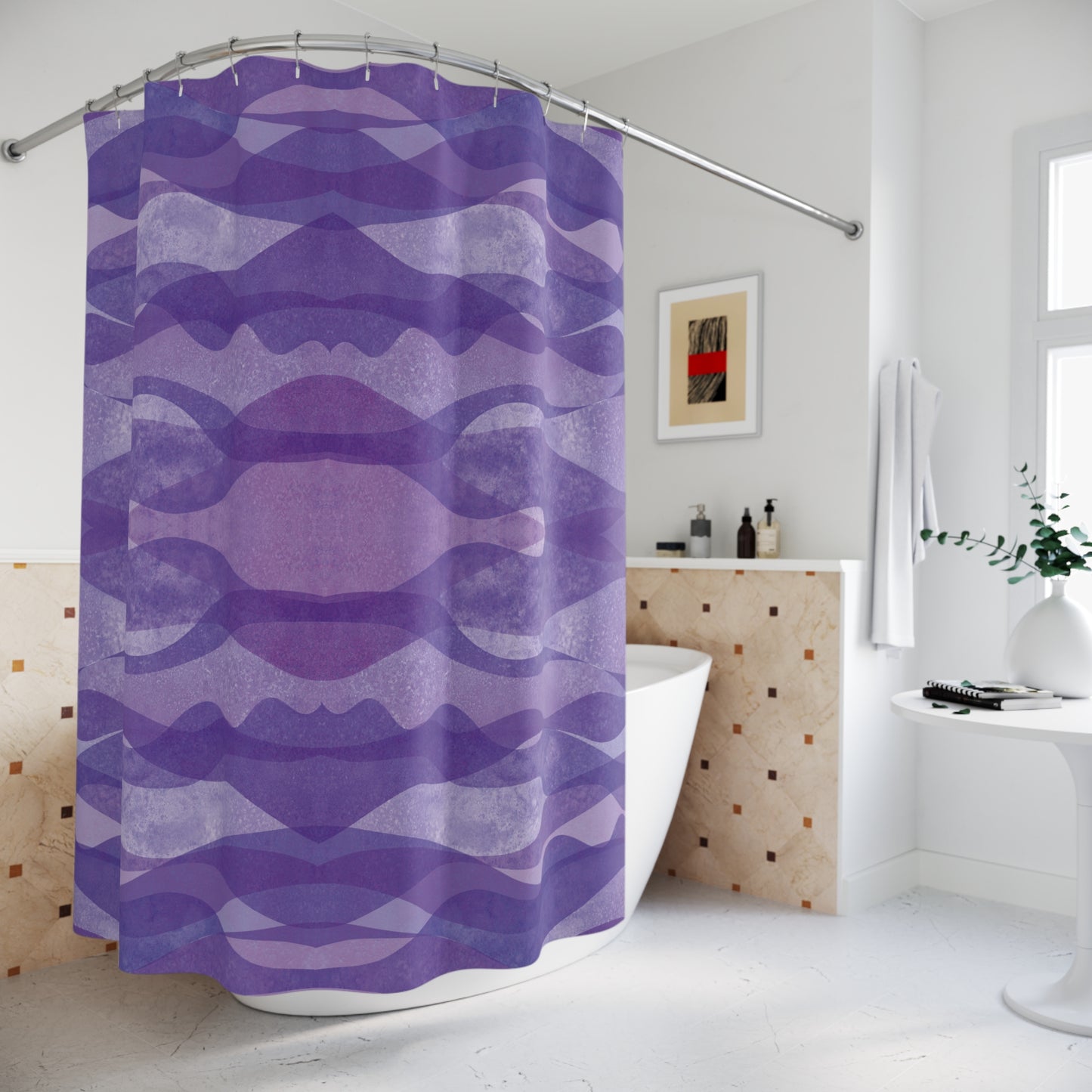 LILA WELLEN VIOLETT • Hochwertiger, Schöner Duschvorhang 180x200 cm Weiss