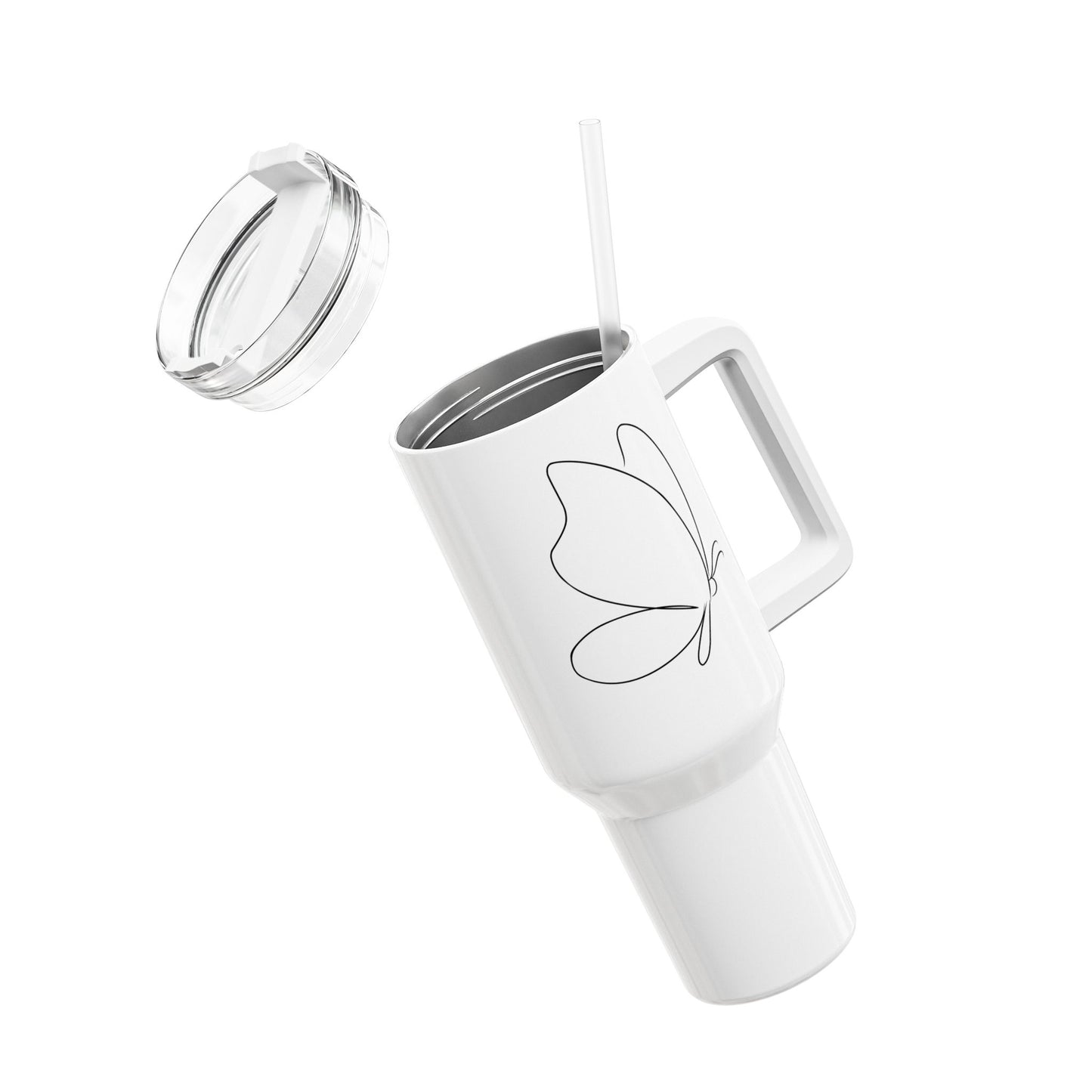 SCHMETTERLING EINE-LINIE-ZEICHNUNG minimalistisch • Tumbler mit Henkel & Strohhalm • XXL Reisebecher 1,2L