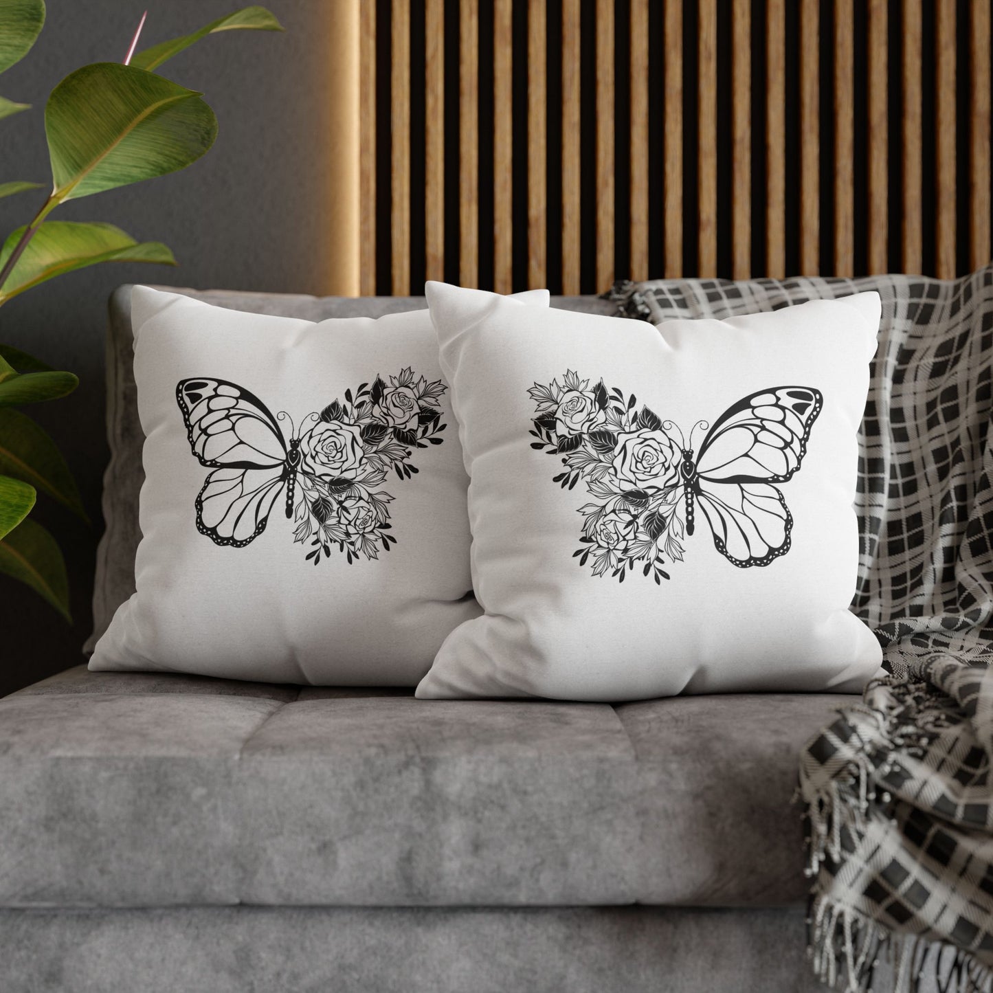 BLUMEN SCHMETTERLING • Deko Kissenbezug mit Reißverschluss Quadratisch Weiß