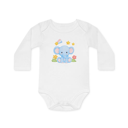 ELEFANT MIT STERNEN & BLUMEN • Niedlich Süßer Baby Body Langarm • Mädchen & Jungen • BIO Baumwolle 🌿