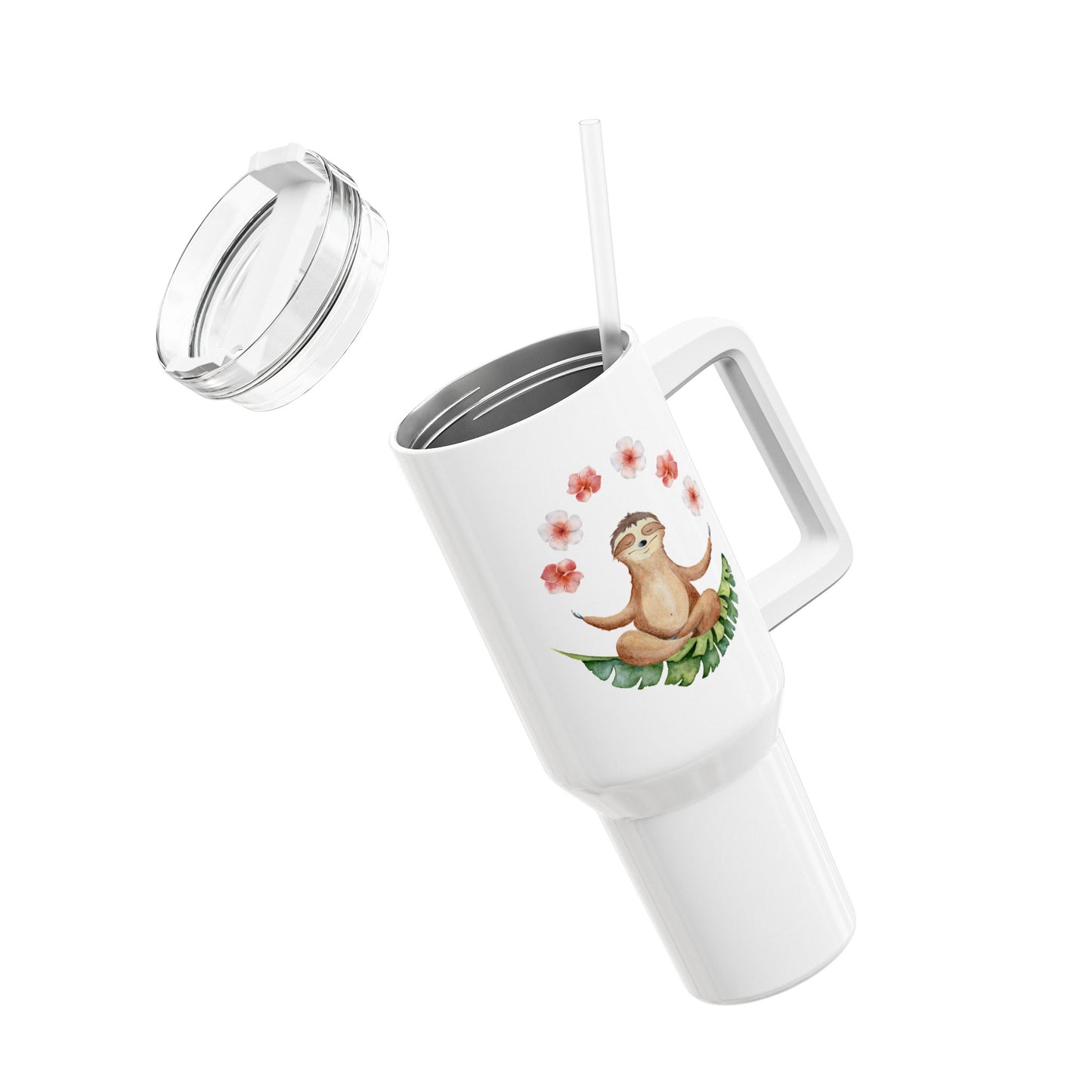 FAULTIER SLOT NIEDLICH SÜß COMIC BLUMEN BLÜMCHEN • Tumbler mit Henkel & Strohhalm • XXL Reisebecher 1,2L