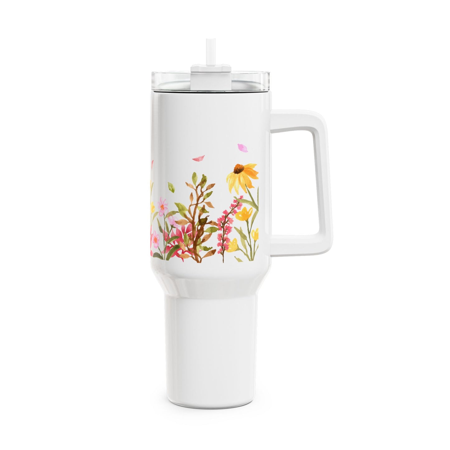 AQUARELL BLUMENWIESE RETRO DESGIN • Tumbler mit Henkel & Strohhalm • XXL Reisebecher 1,2L