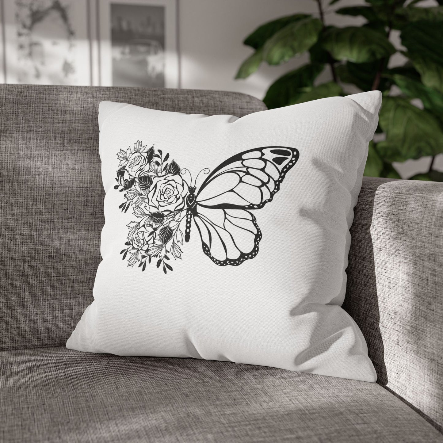 BLUMEN SCHMETTERLING • Deko Kissenbezug mit Reißverschluss Quadratisch Weiß