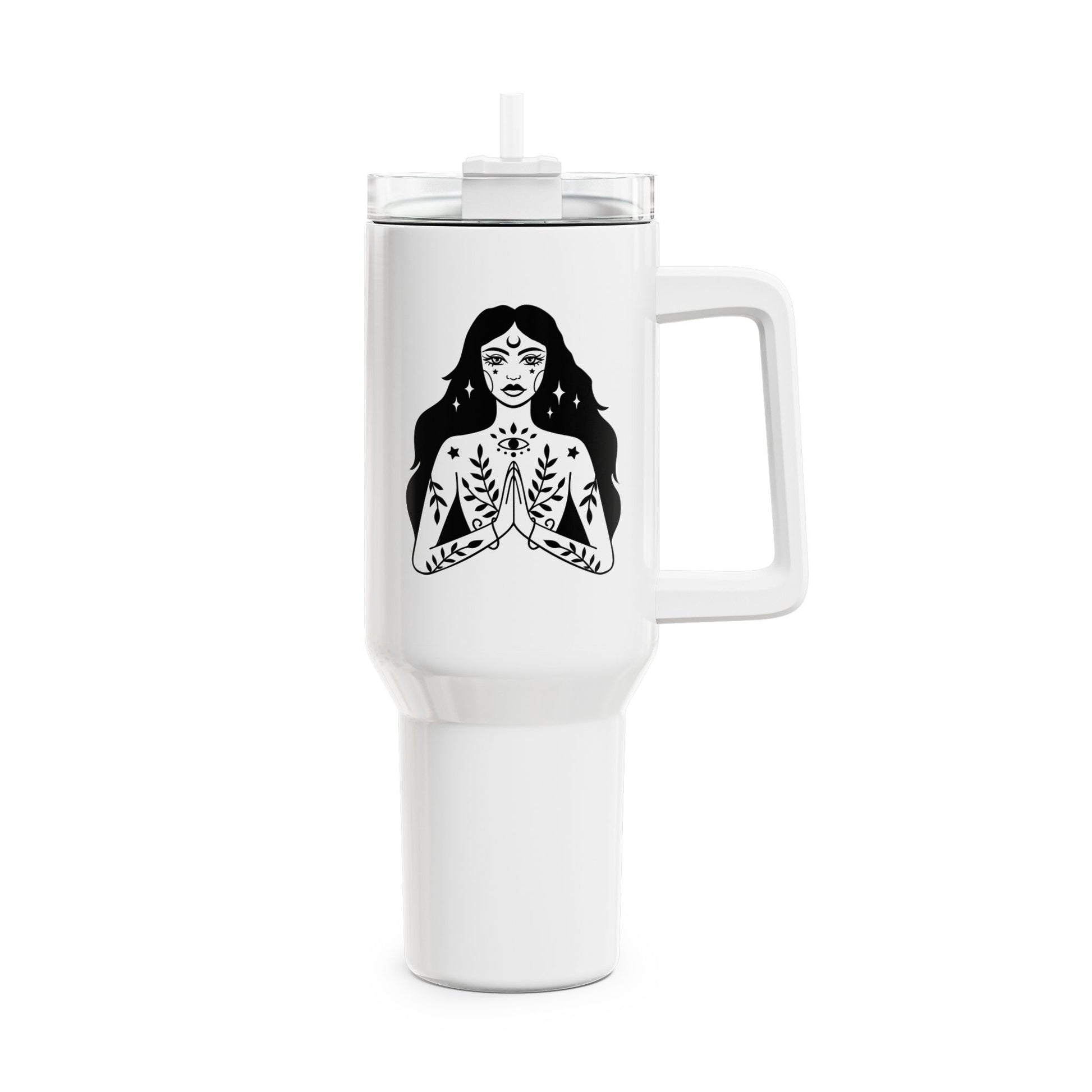 SPIRITUELLE FRAU ZEICHNUNG MOND STERNE • Tumbler mit Henkel & Strohhalm • XXL Reisebecher 1,2L - YOGA SANTA