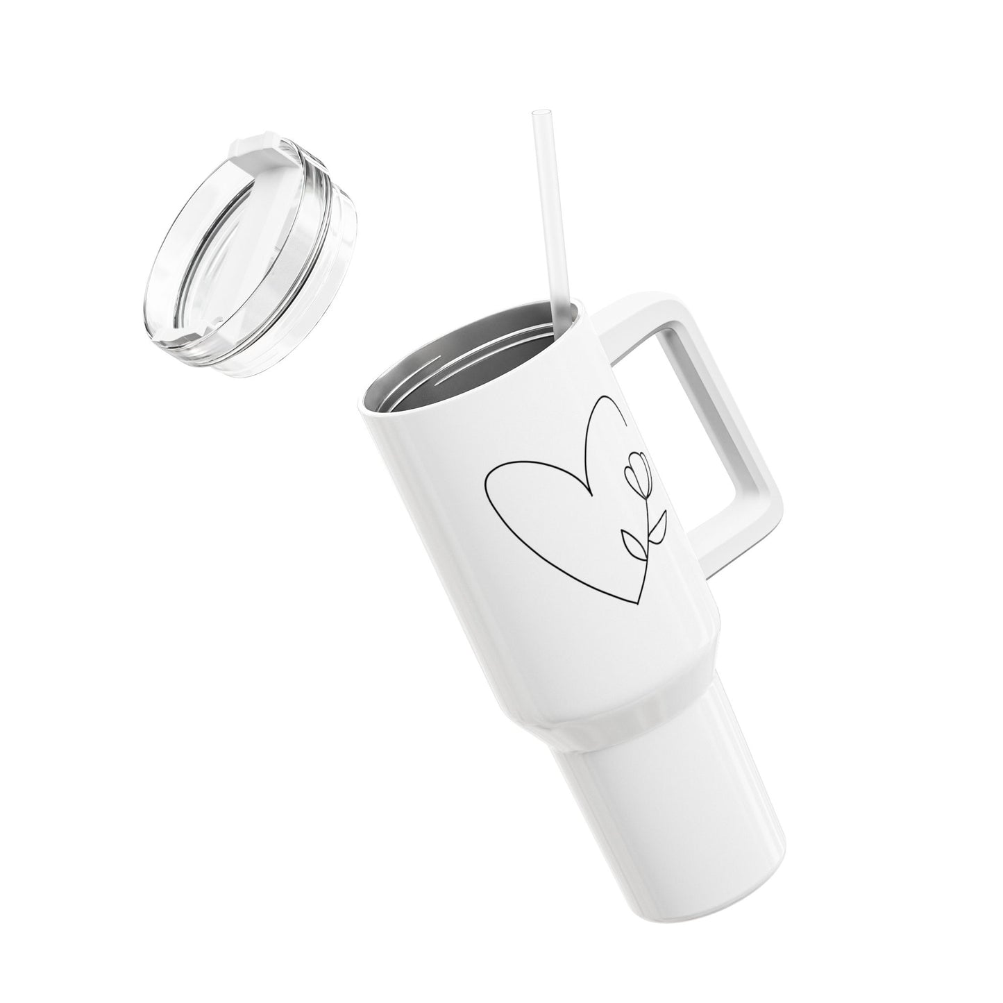 HERZ MIT TULPE • Liebesbeweis Geschenk, LOVE Liebesbotschaft • Tumbler mit Henkel & Strohhalm • XXL Reisebecher 1,2L