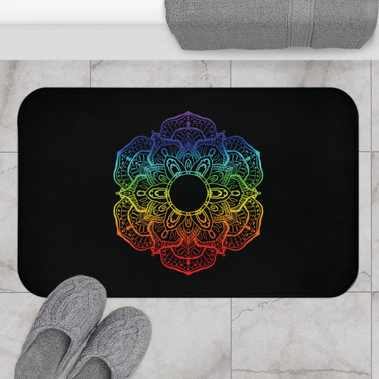 MANDALA BLUME BUNT REGENBOGEN - SPIRITUELLES MOTIV • Badvorleger Weiss / Fussmatte / Badteppich EXTRA Weich • 43 x 61 cm & 53 x 86 cm