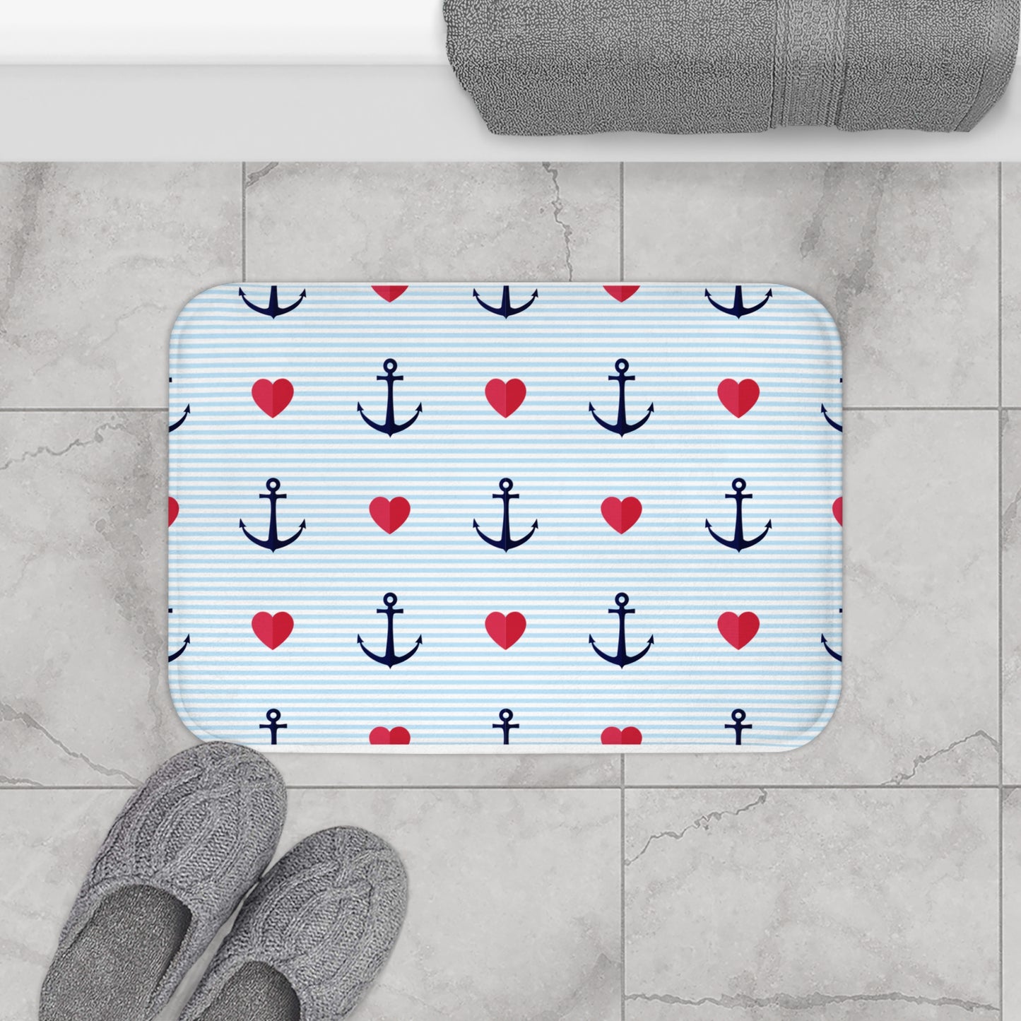 ANKER HERZEN MUSTER KAPITÄN BOOT • Badvorleger / Fussmatte / Badteppich EXTRA Weich • 43 x 61 cm & 53 x 86 cm