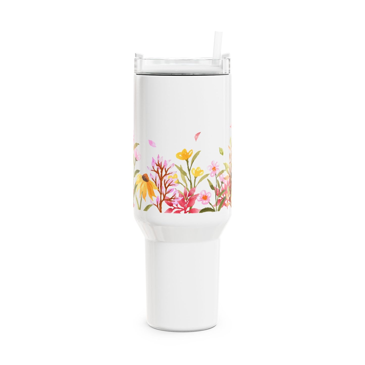 AQUARELL BLUMENWIESE RETRO DESGIN • Tumbler mit Henkel & Strohhalm • XXL Reisebecher 1,2L