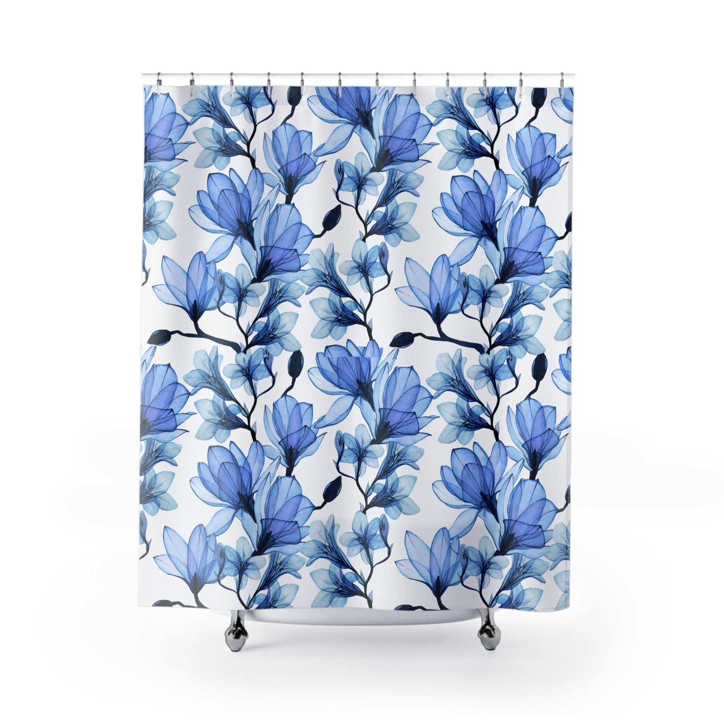 BLUMENMUSTER BLAU • Hochwertiger, Schöner Duschvorhang 180x200 cm Weiss