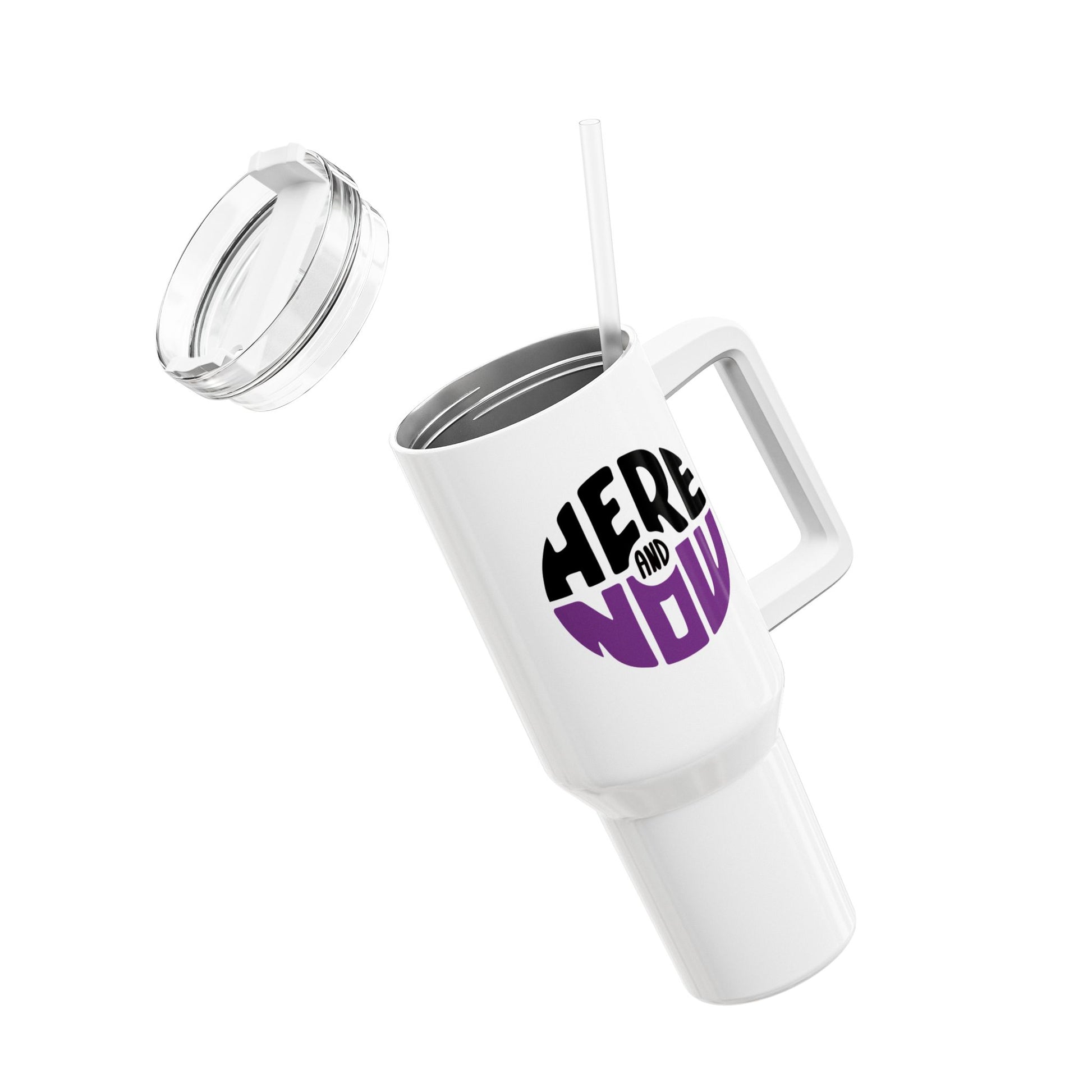 HERE AND NOW - ACHTSAMKEITS SPRUCH YOGAKATZEN BUDDHA FIGUR MEDITATION TIERYOGA • Tumbler mit Henkel & Strohhalm • XXL Reisebecher 1,2L - YOGA SANTA