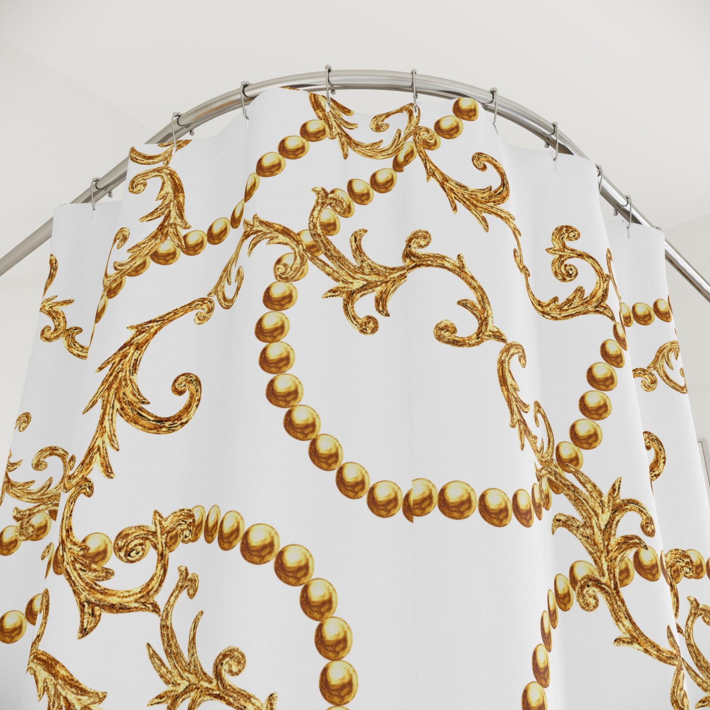LUXUS VORHANG - BAROCK FLORALER GOLDSCHMUCK • Hochwertiger, Schöner Duschvorhang 180x200 cm Weiss