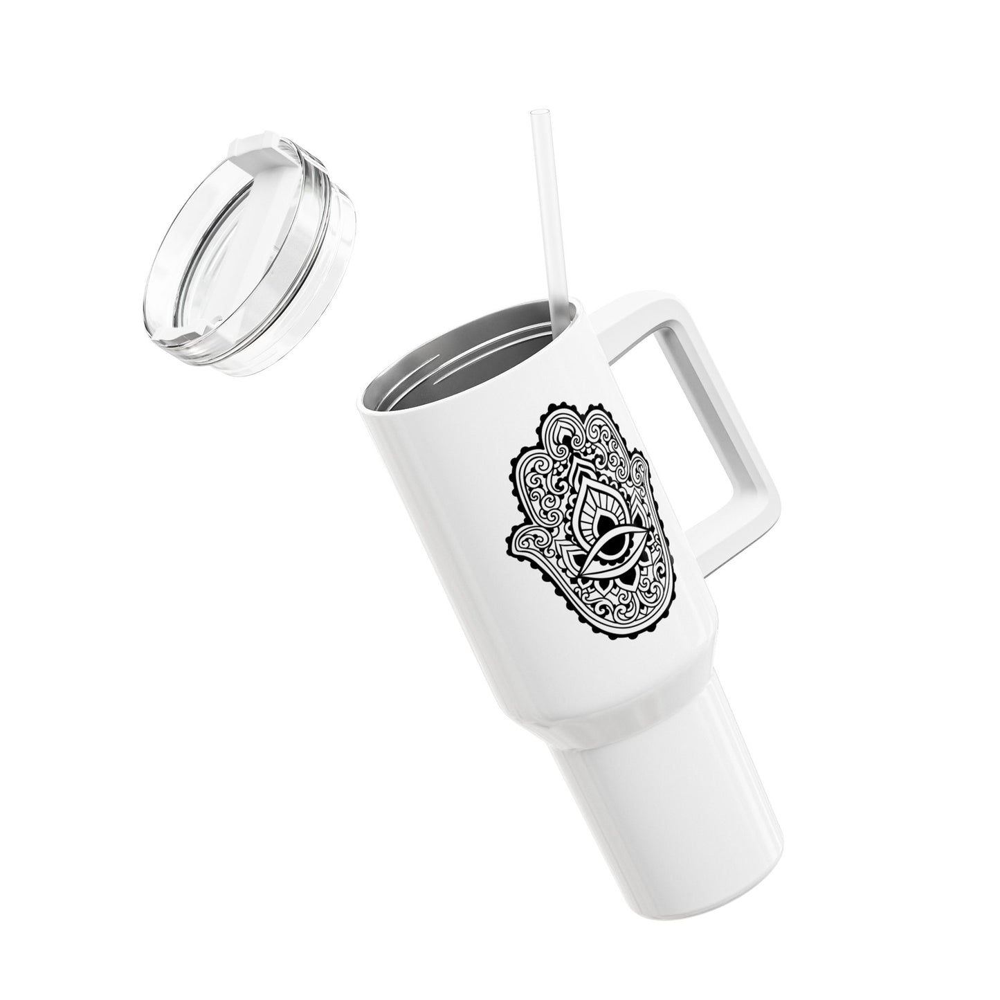 FATIMAS HAND MANDALA • Tumbler mit Henkel & Strohhalm • XXL Reisebecher 1,2L