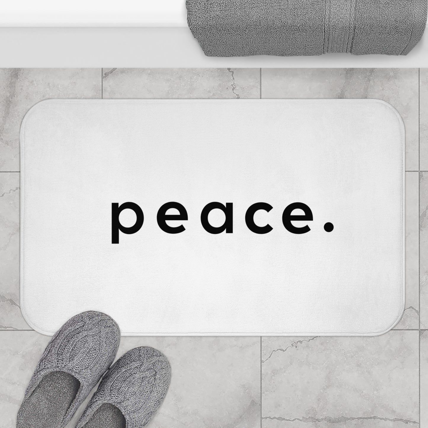 PEACE SCHRIFTZUG FRIEDESNSBOTSCHAFT • Badvorleger Weiss / Fussmatte / Badteppich EXTRA Weich • 53 x 86 cm