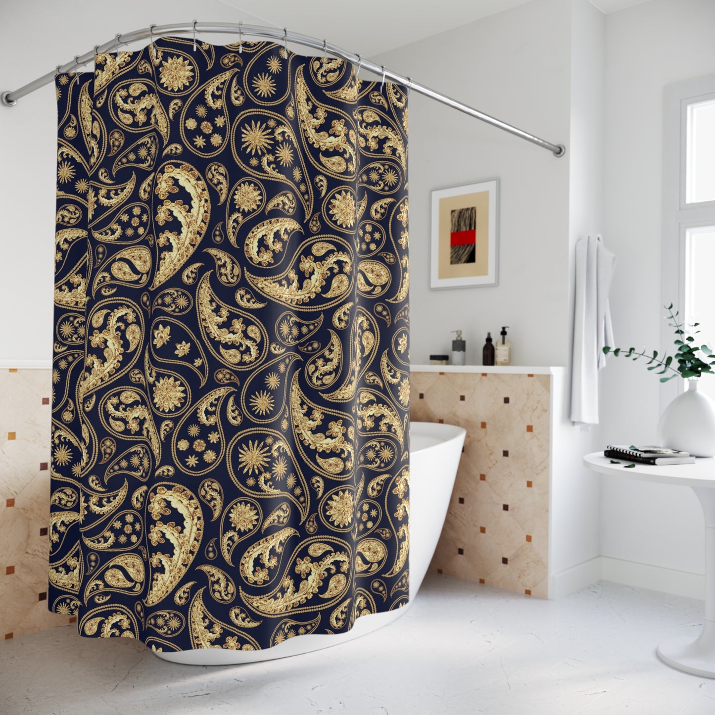 PAISLEY MUSTER GELBGOLD • Hochwertiger, Schöner Duschvorhang 180x200 cm