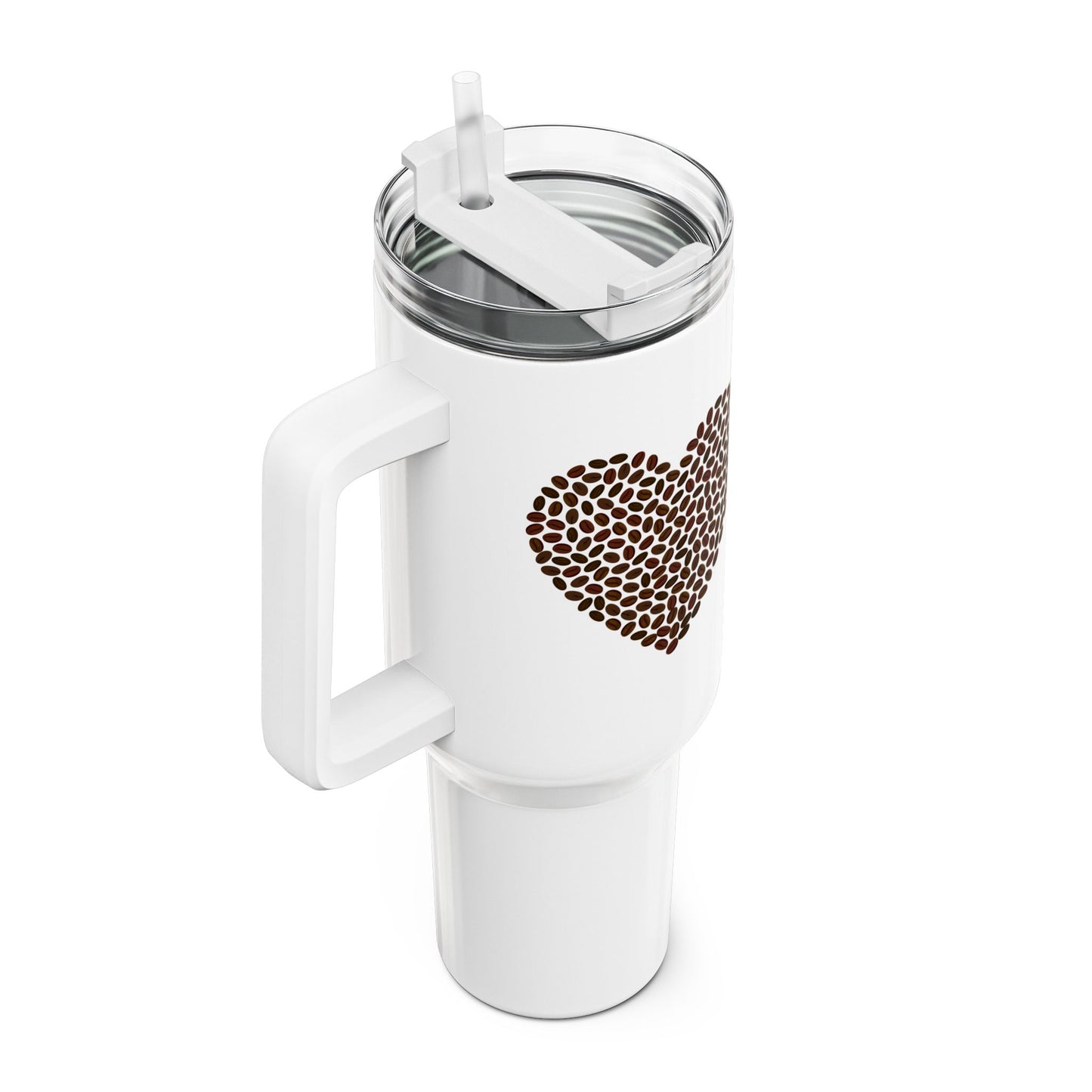 KAFFEEBOHNEN HERZ FÜR KAFFEELIEBHABER • Liebesbeweis Geschenk • Tumbler mit Henkel & Strohhalm • XXL Reisebecher 1,2L