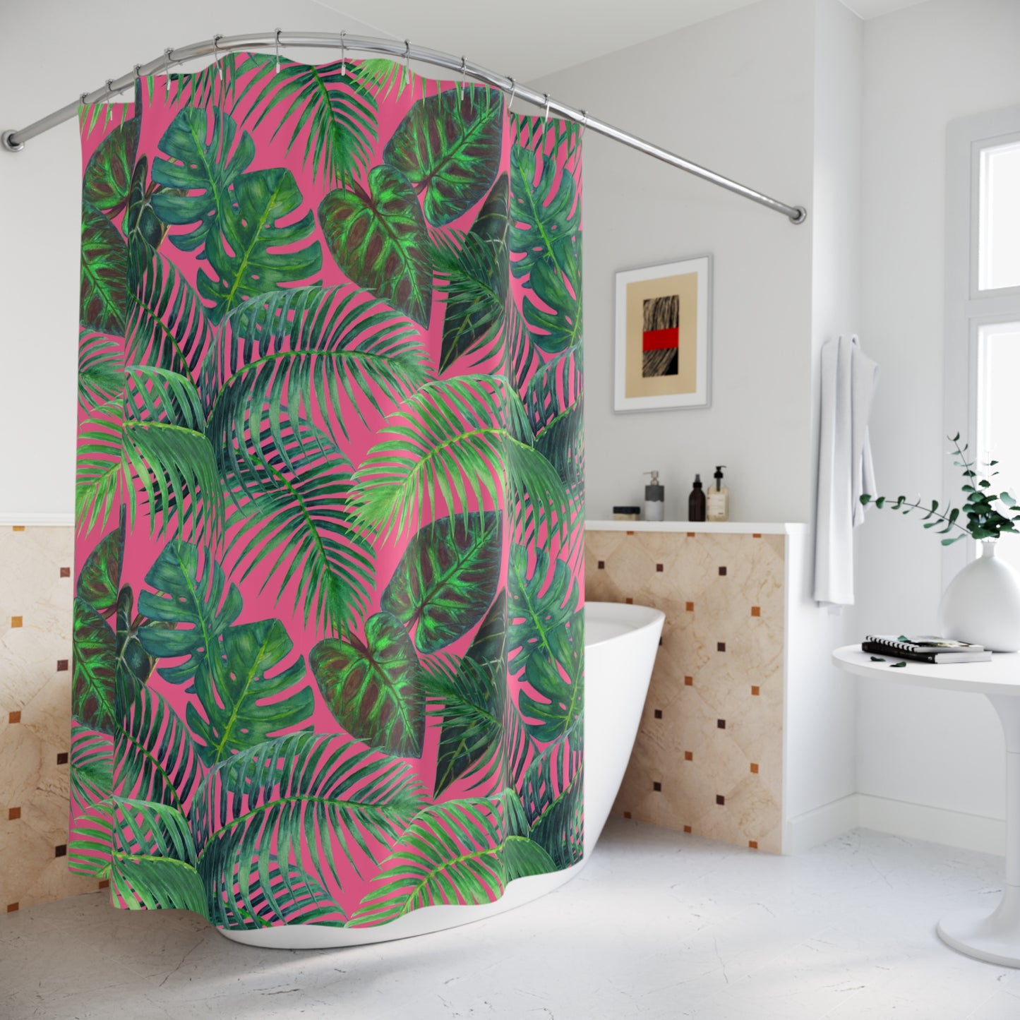GRÜNE BLÄTTER DSCHUNGEL PFLANZEN • Schöner Duschvorhang 180x200 cm PINK