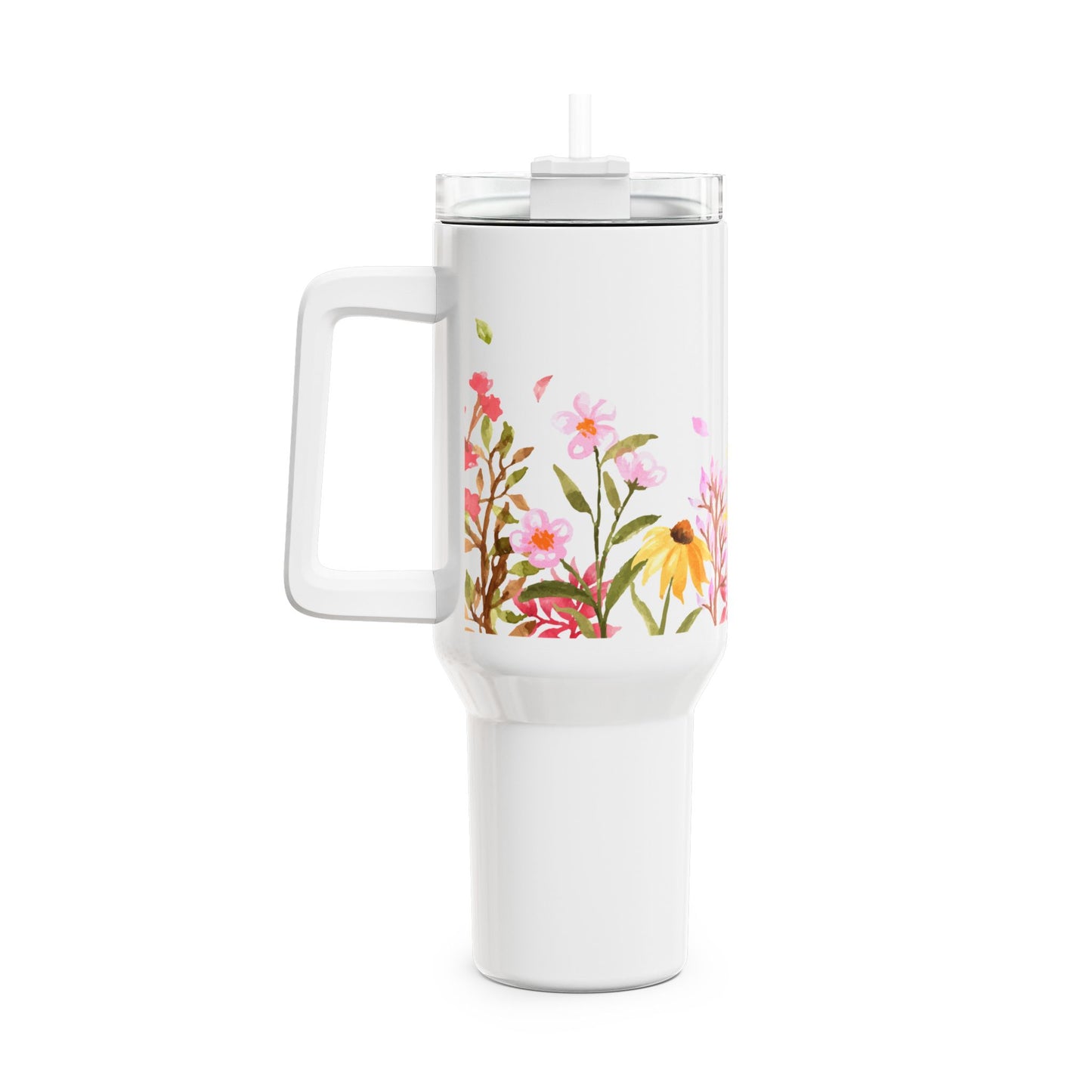 AQUARELL BLUMENWIESE RETRO DESGIN • Tumbler mit Henkel & Strohhalm • XXL Reisebecher 1,2L