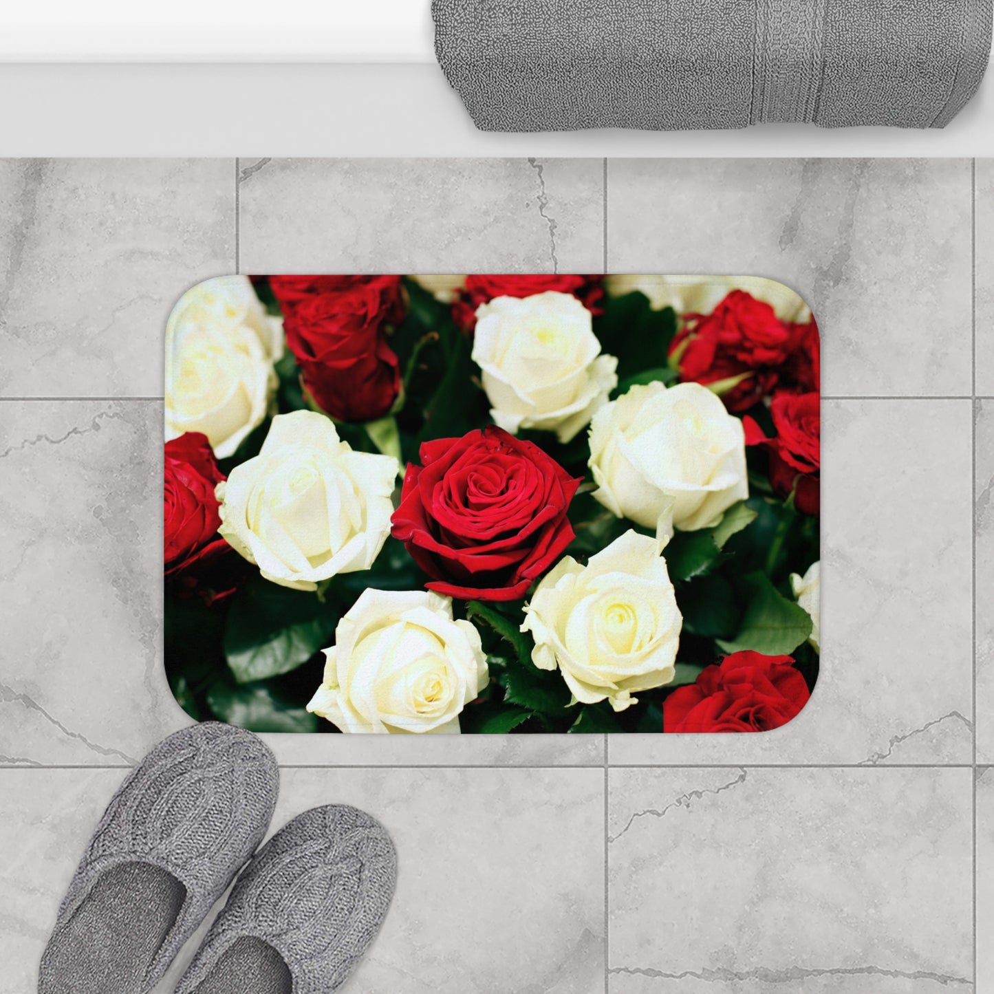 ROTE ROSEN, WEISSE • Liebesbeweis Geschenk, LOVE Liebesbotschaft ❤️ • Badvorleger / Fussmatte / Badteppich EXTRA Weich • 43 x 61 cm & 53 x 86 cm