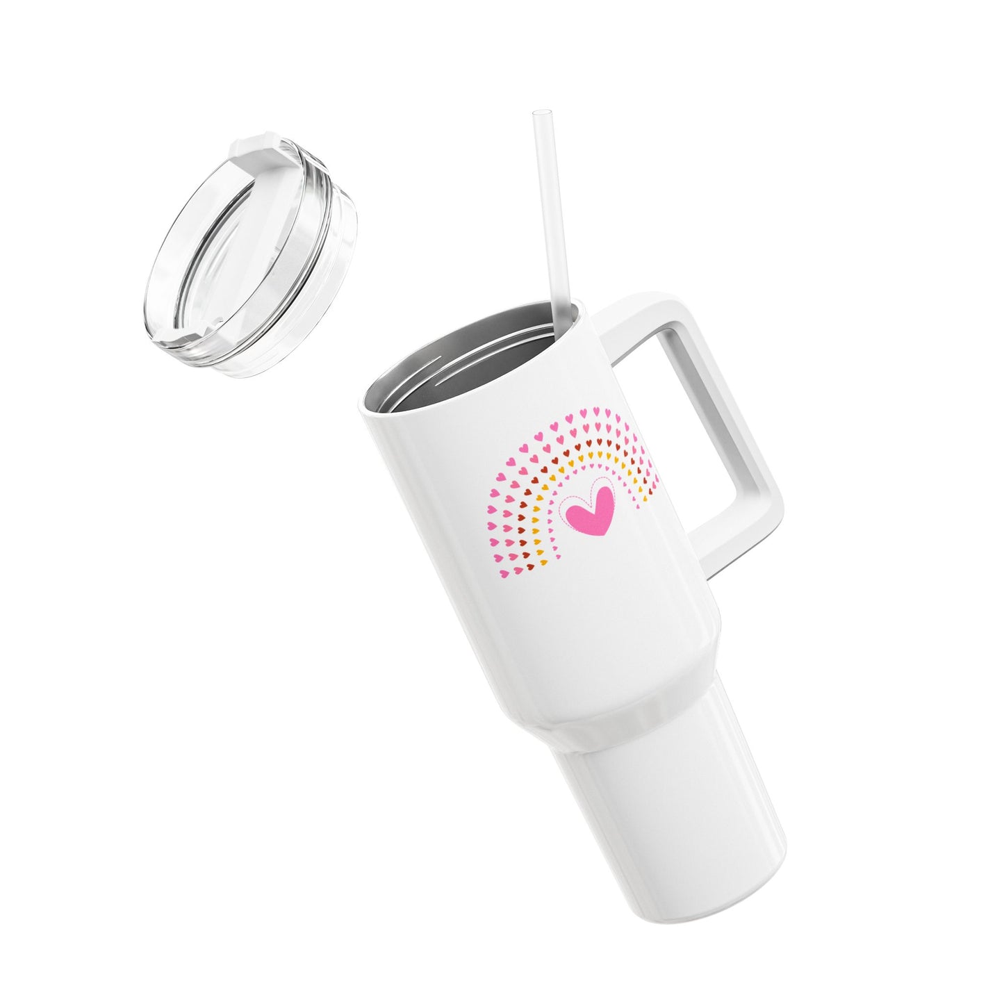 REGENBOGEN PINKE HERZEN • FÜR MÄDCHEN & TEENAGER • Tumbler mit Henkel & Strohhalm • XXL Reisebecher 1,2L