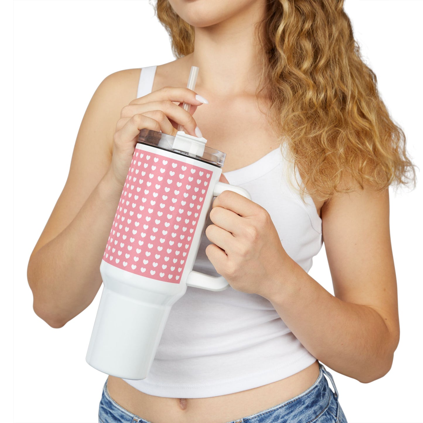 HERZENMUSTER ROSA PASTELL • Tumbler mit Henkel & Strohhalm • XXL Reisebecher 1,2L