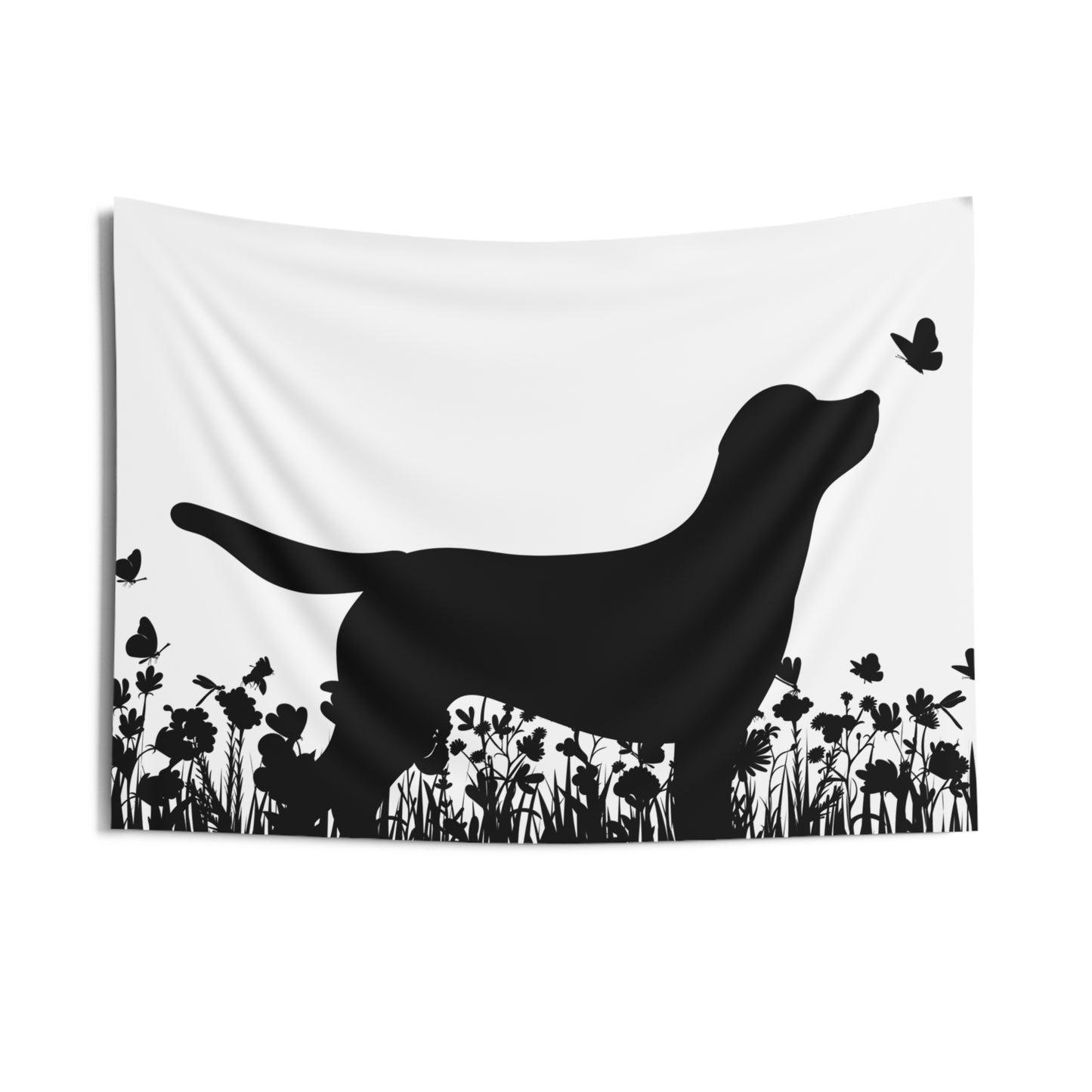 LABRADOR in BLUMENWIESE mit SCHMETTERLINGEN • Wandtuch • Wandttepich Schwarz Weiß • Wanddekor in v. Größen bis XXL