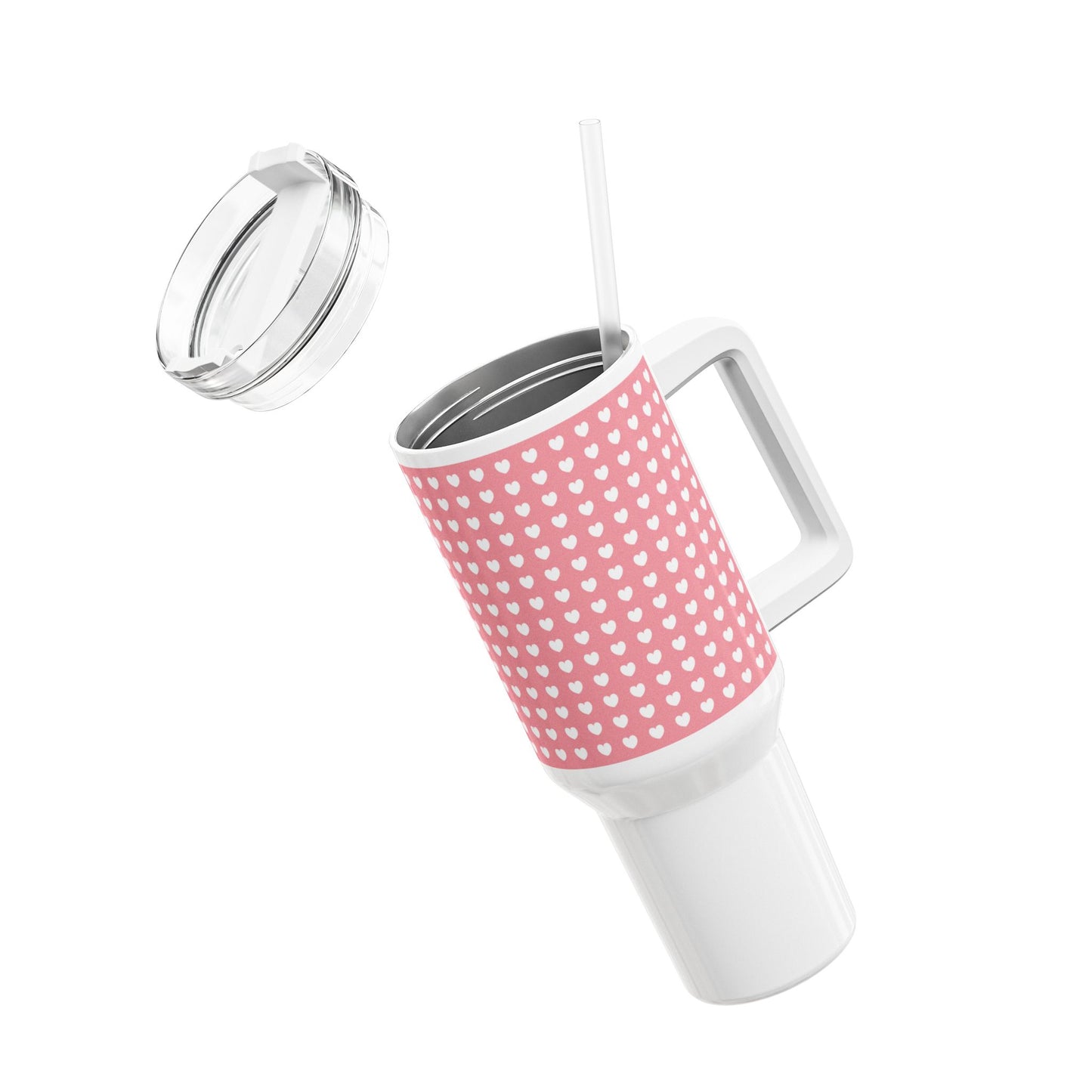HERZENMUSTER ROSA PASTELL • Tumbler mit Henkel & Strohhalm • XXL Reisebecher 1,2L