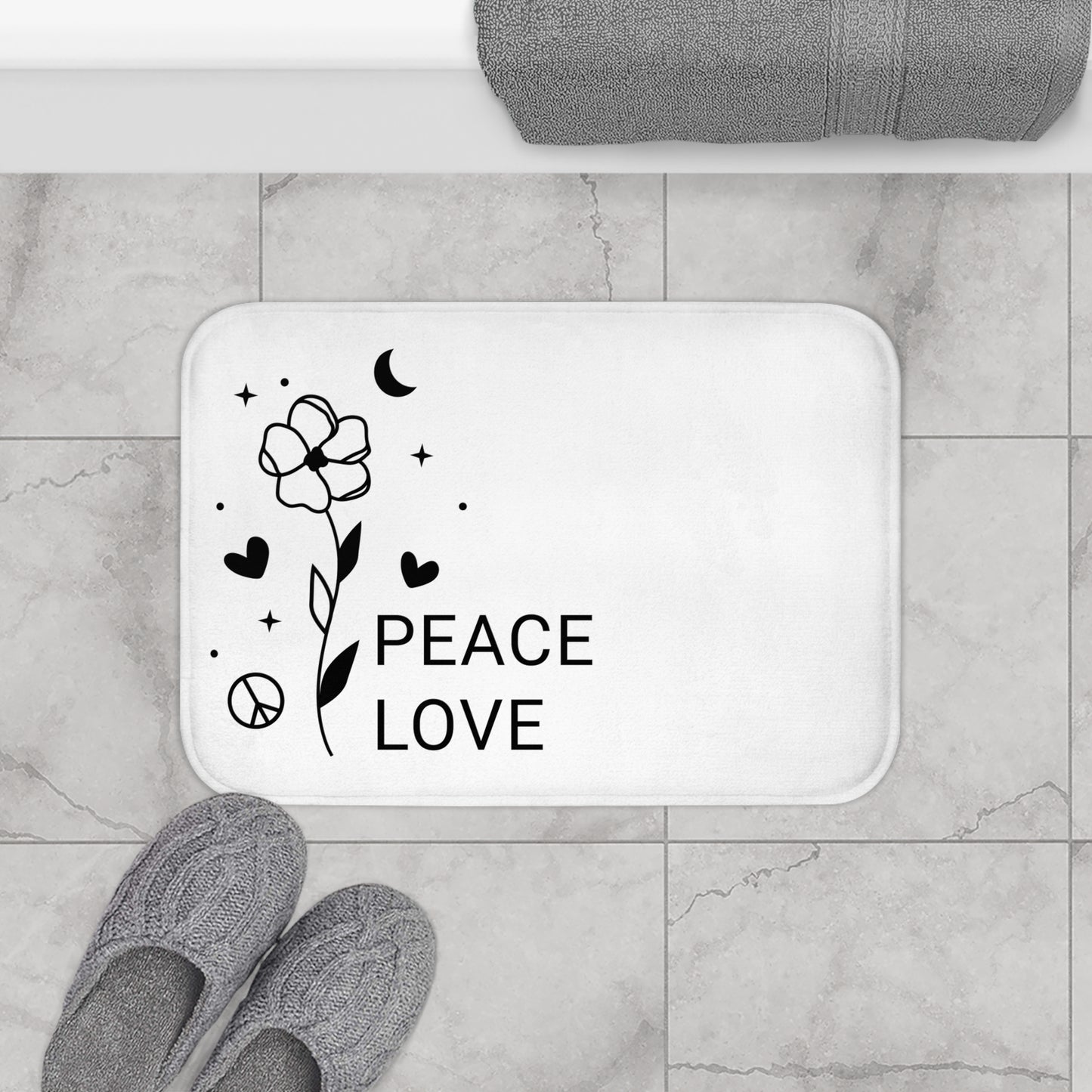 PEACE ZEICHEN LOVE HERZ BLUME MOND • Badvorleger Weiss / Fussmatte / Badteppich EXTRA Weich • 43 x 61 cm & 53 x 86 cm