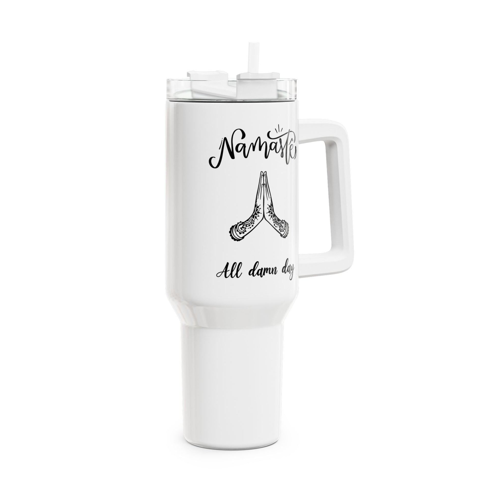 NAMASTE ALL DAMN DAY - Yoga Spruch Lustig Humorvoll • Tumbler mit Henkel & Strohhalm • XXL Reisebecher 1,2L - YOGA SANTA