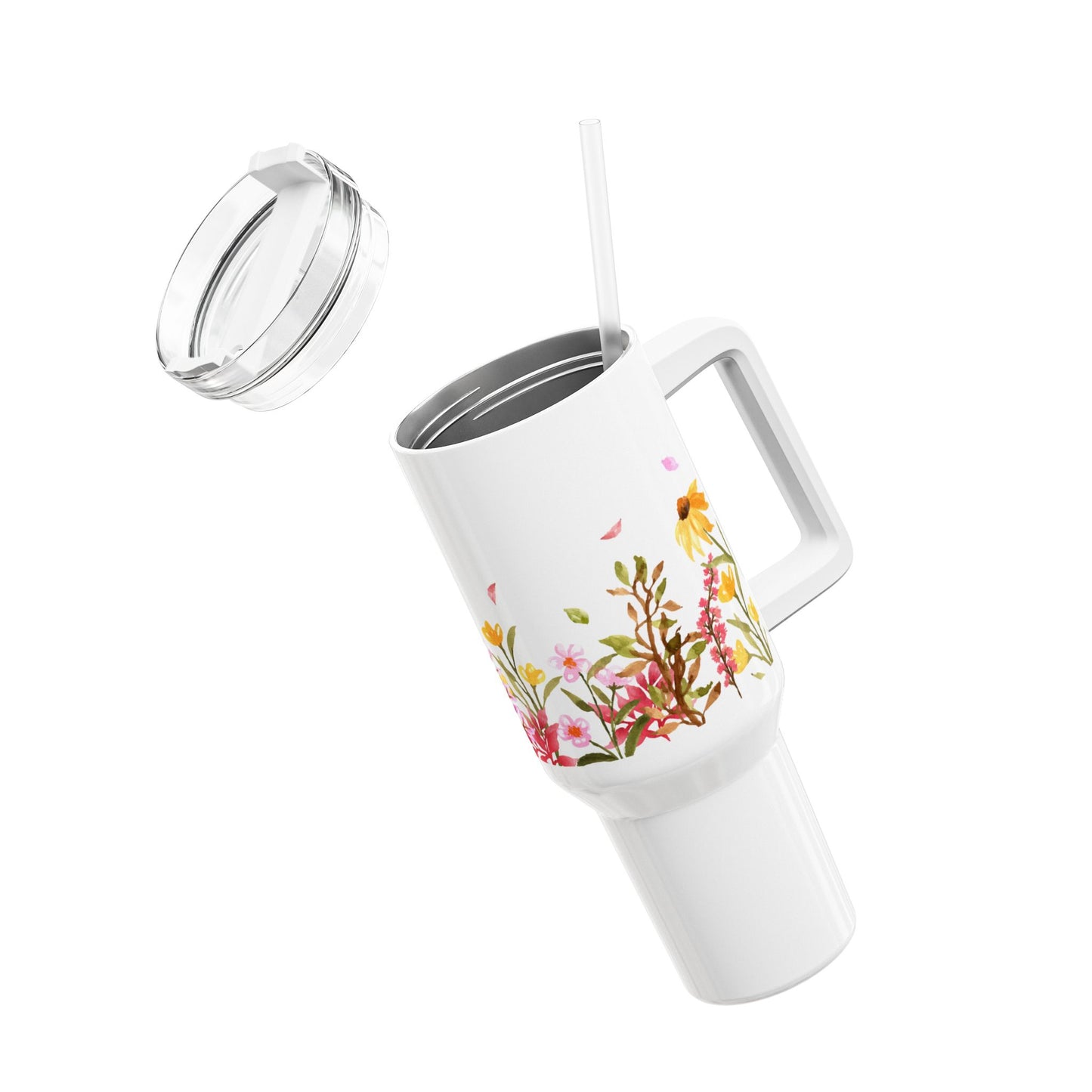AQUARELL BLUMENWIESE RETRO DESGIN • Tumbler mit Henkel & Strohhalm • XXL Reisebecher 1,2L