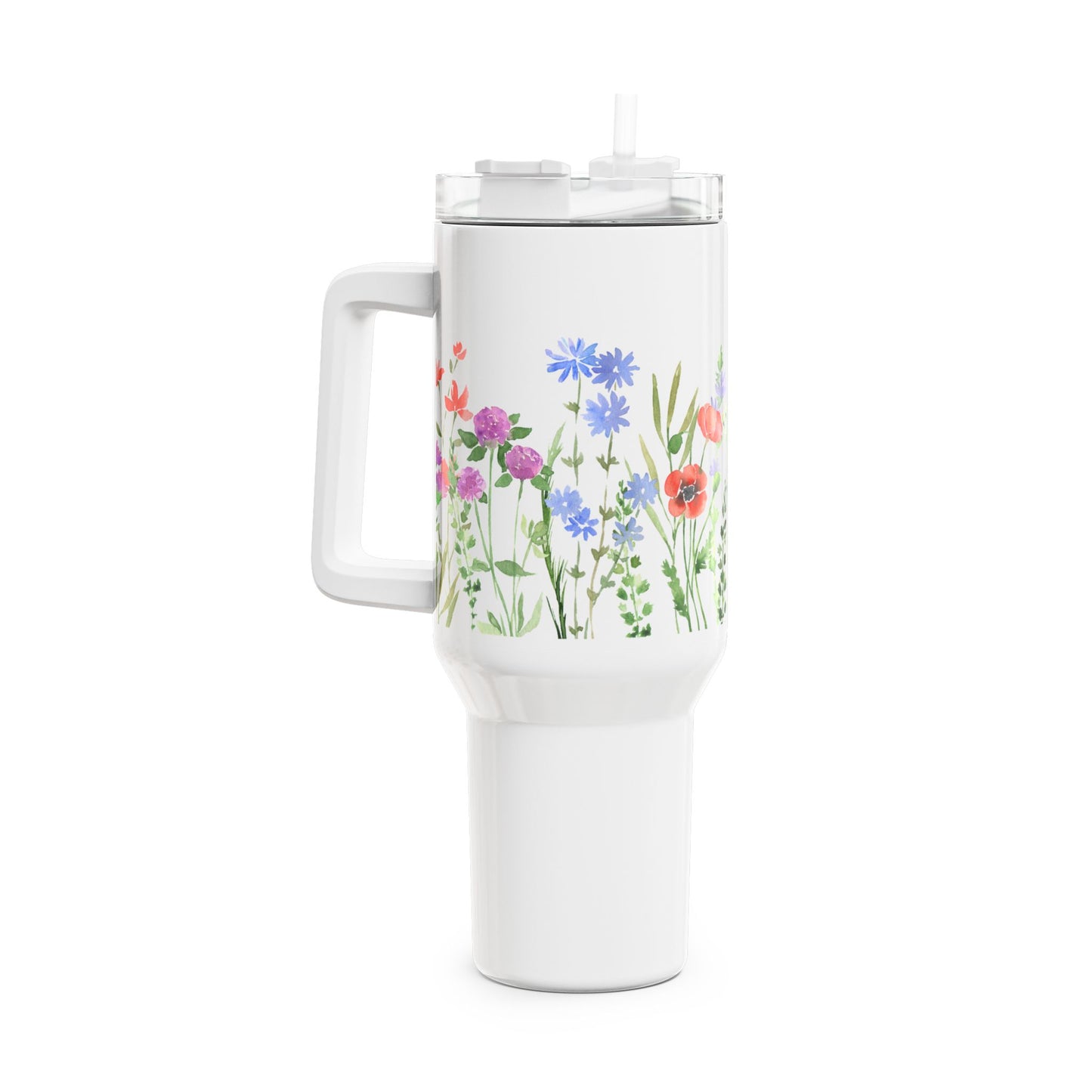 BLUMEN HANDGEMALTES DESIGN • Tumbler mit Henkel & Strohhalm • XXL Reisebecher 1,2L