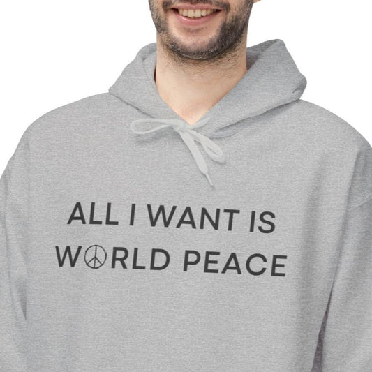 ALL I WANT IS WORLDPEACE, PEACE ZEICHEN SYMBOL • Friedensnachricht, Friedesnbotschaft • Kuschelweicher Hoodie für Damen & Herren • Baumwolle 🌿