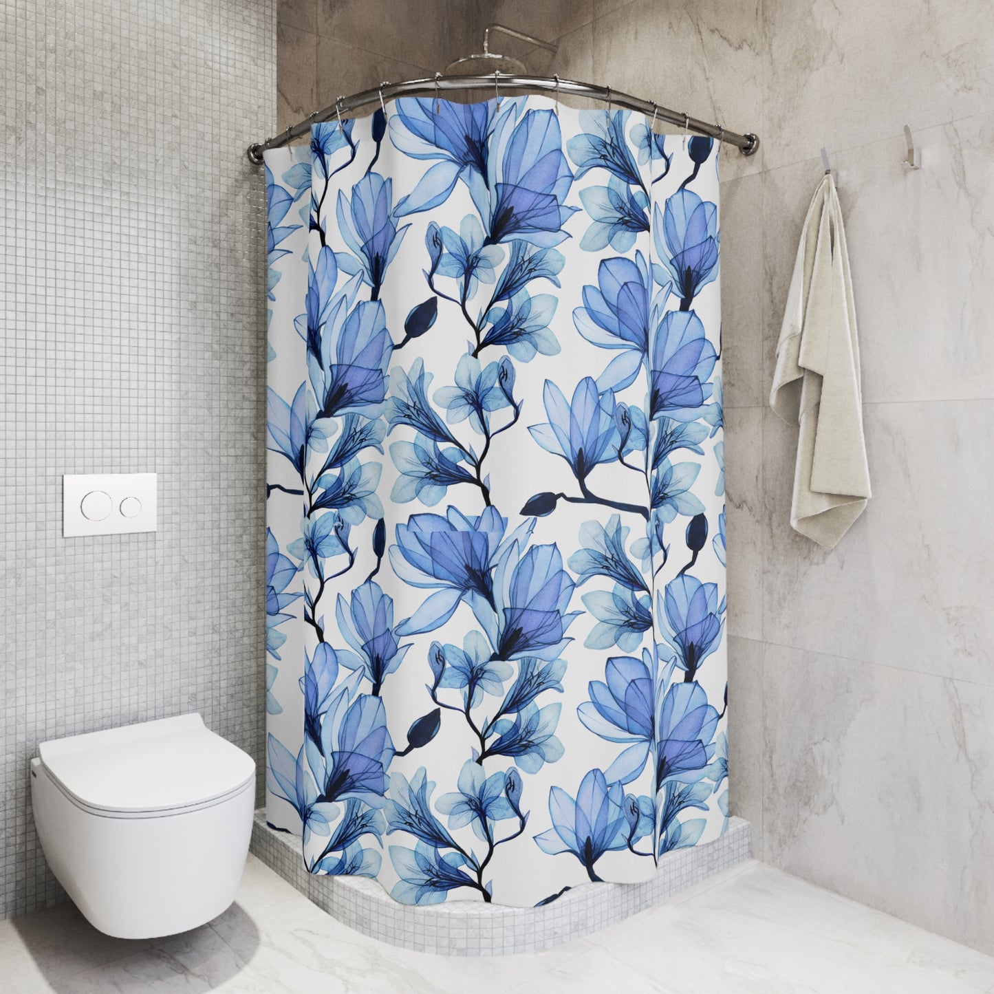 BLUMENMUSTER BLAU • Hochwertiger, Schöner Duschvorhang 180x200 cm Weiss