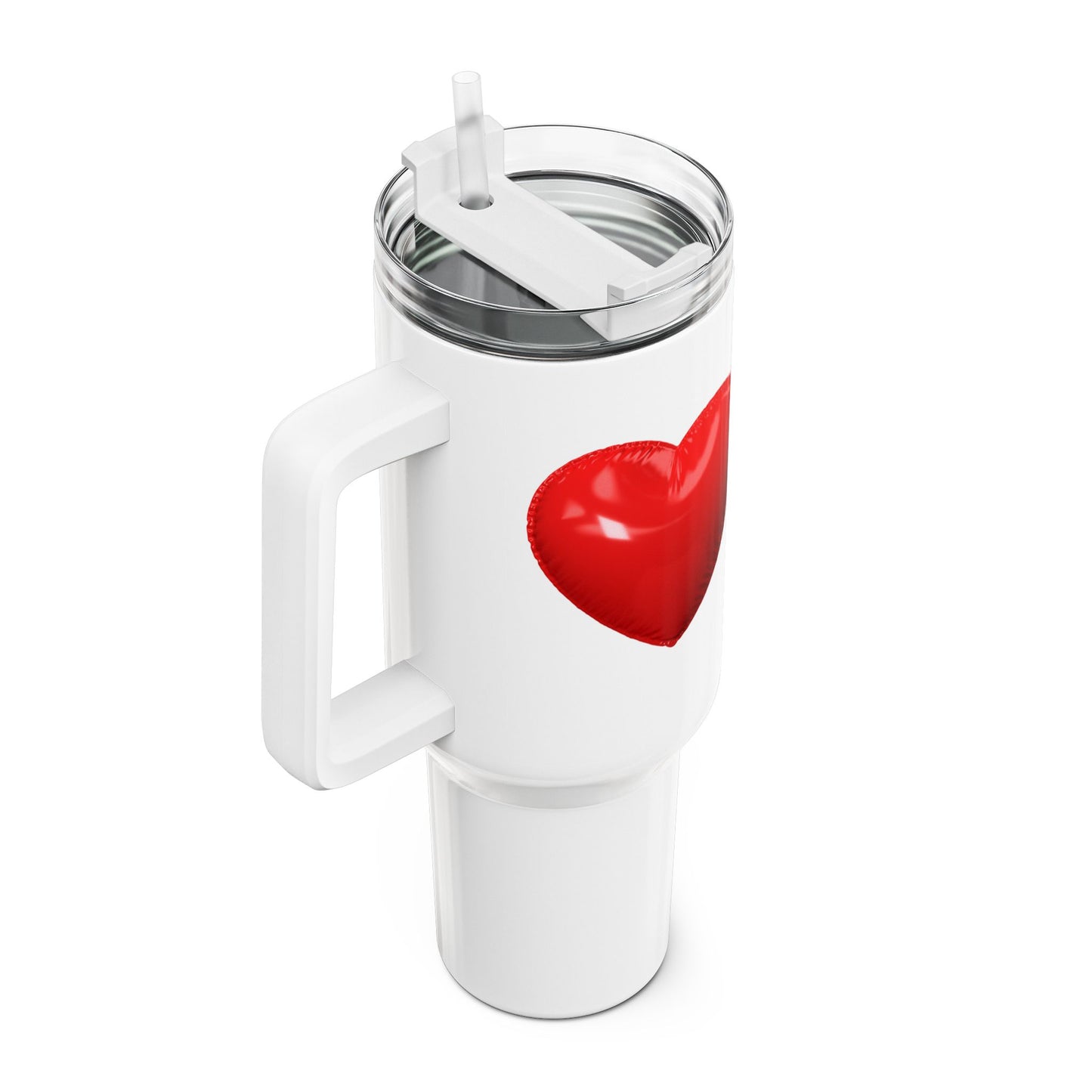 HERZ KNALLROT 3D Illusion Luftballon • Tumbler mit Henkel & Strohhalm • XXL Reisebecher 1,2L