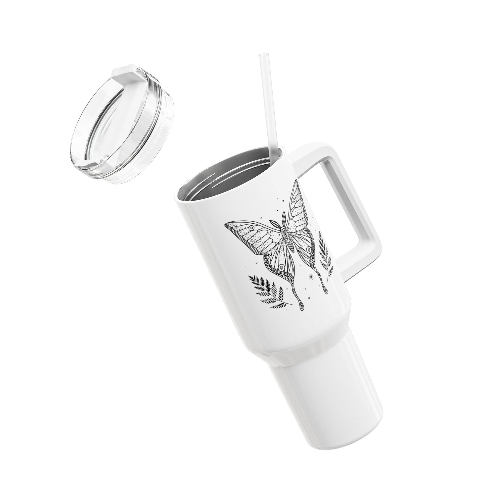 SCHMETTERLING ZEICHNUNG ÄSTHETISCH • Tumbler mit Henkel & Strohhalm • XXL Reisebecher 1,2L - YOGA SANTA