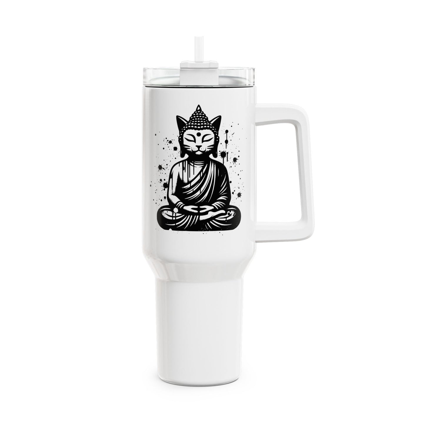 KATZEN BUDDHA FIGUR MEDITATION TIERYOGA • Tumbler mit Henkel & Strohhalm • XXL Reisebecher 1,2L - YOGA SANTA