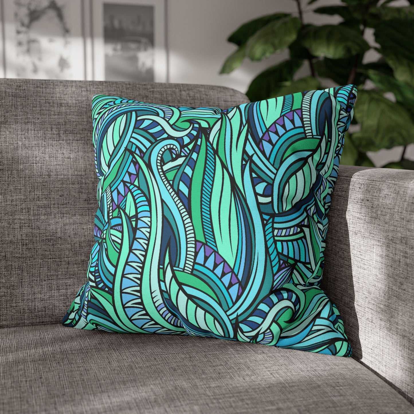 FLORALES BLUMENMOTIV • Deko Kissenbezug mit Reißverschluss Quadratisch Türkis