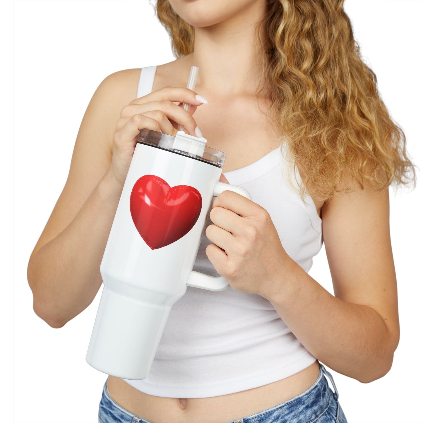 HERZ KNALLROT 3D Illusion Luftballon • Tumbler mit Henkel & Strohhalm • XXL Reisebecher 1,2L
