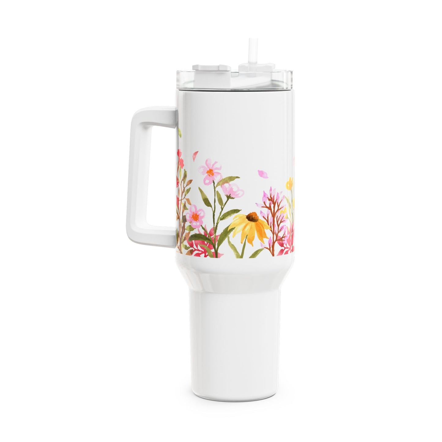 AQUARELL BLUMENWIESE RETRO DESGIN • Tumbler mit Henkel & Strohhalm • XXL Reisebecher 1,2L