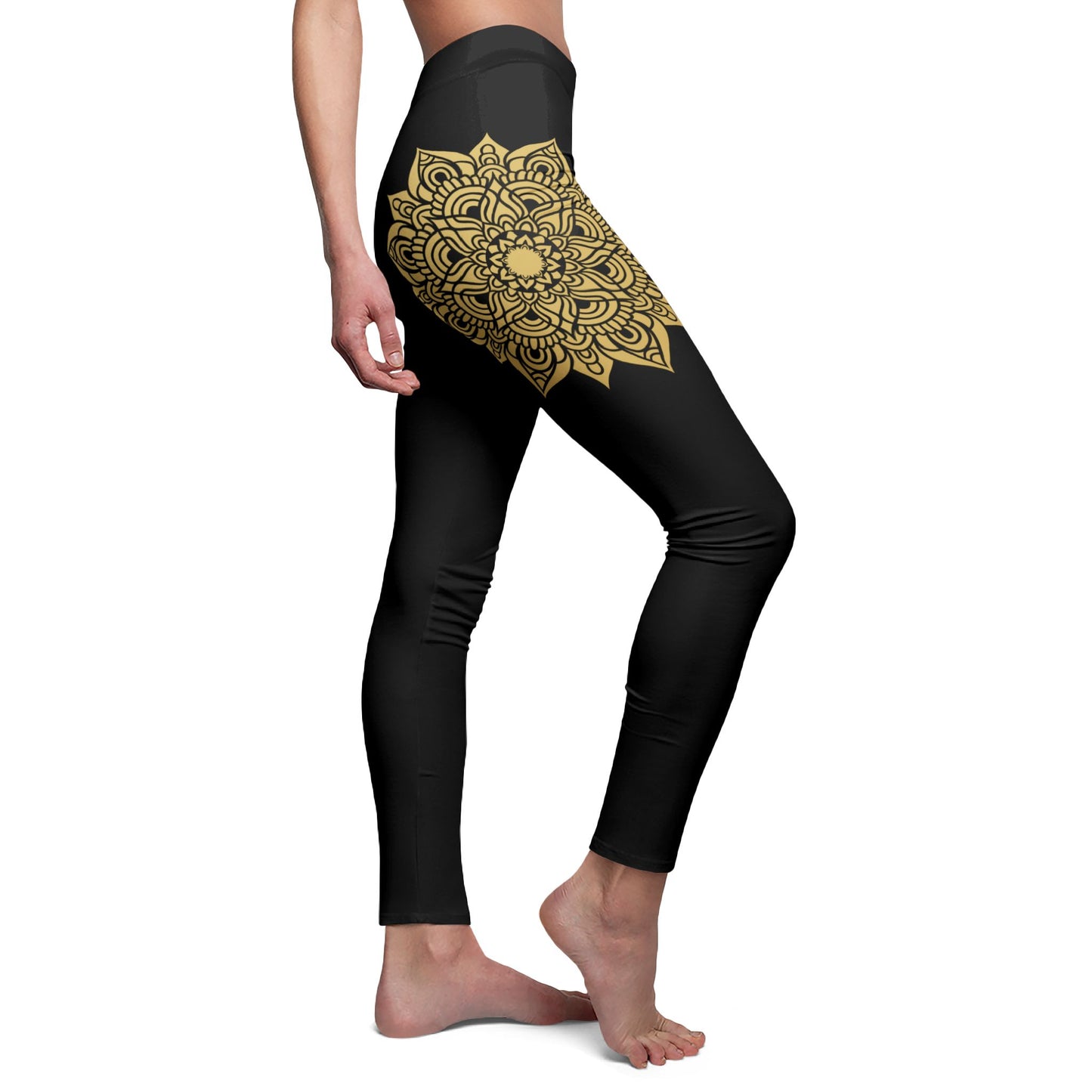 MANDALA BLUME GOLDGELB - Boho Style - Hippie Schwarze Damen Leggins • Beste Leggings für Sport & Alltag