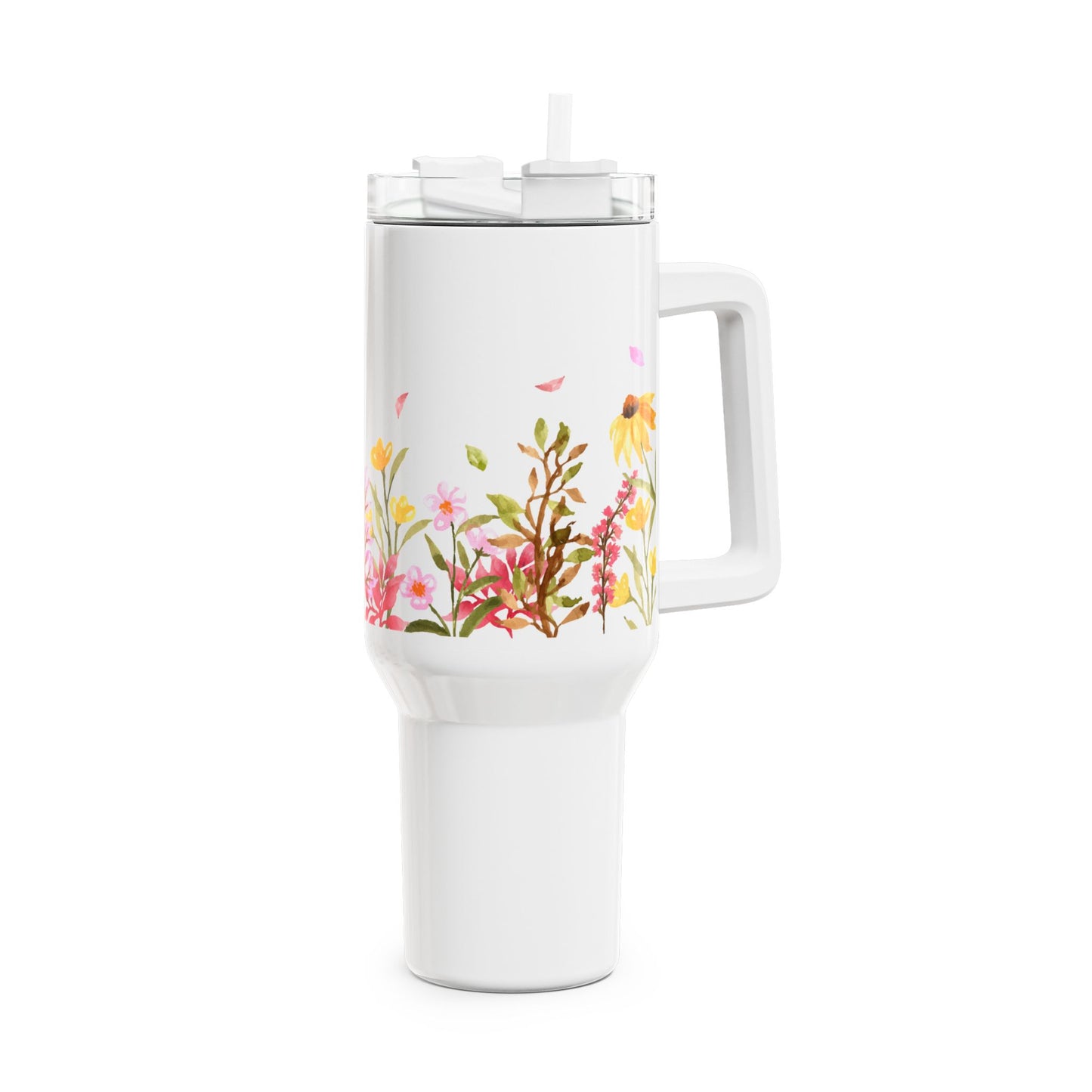 AQUARELL BLUMENWIESE RETRO DESGIN • Tumbler mit Henkel & Strohhalm • XXL Reisebecher 1,2L